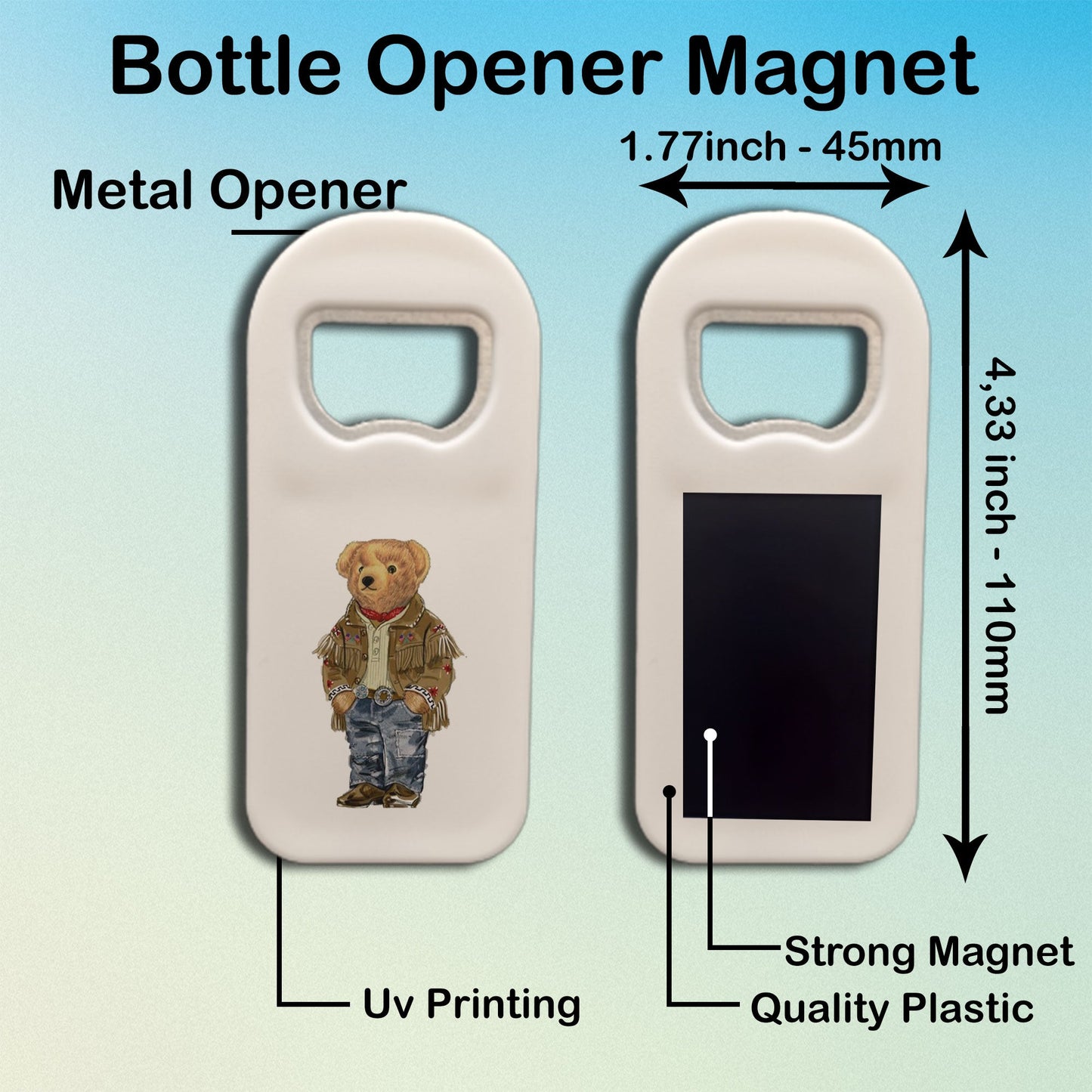 Personalized Bottle Opener Magnet, Teddy Bear Design, Custom 1.77x4.33 Inch Magnet, Unique Gift for Kids and Adults, Cute Bar or Kitchen Accessory