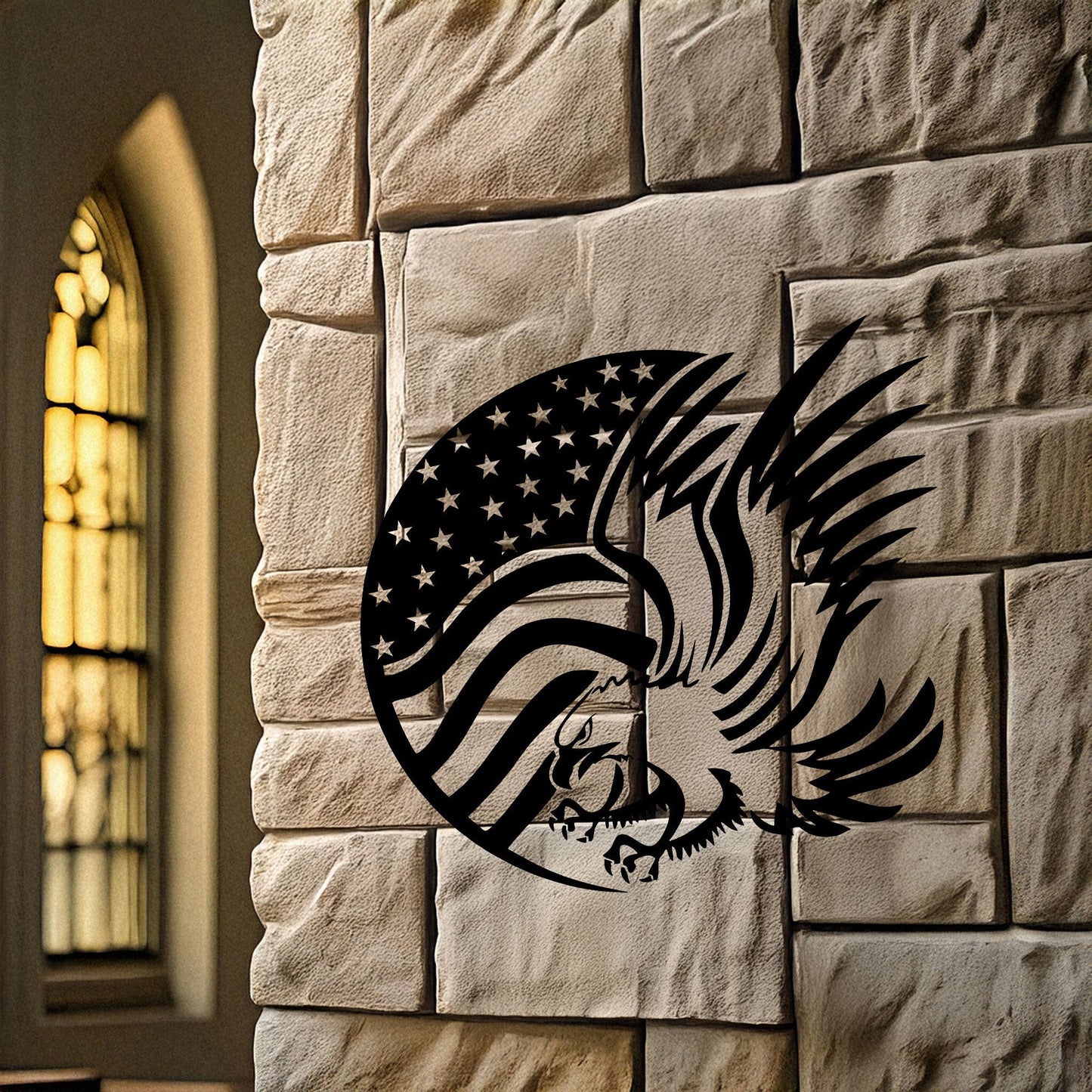Laser Cut Metal Wall Decor, American Flag and Eagle Design, Black Patriotic Wall Art, USA Decor Gift, Rustic Home Accent, Veteran Room Decor