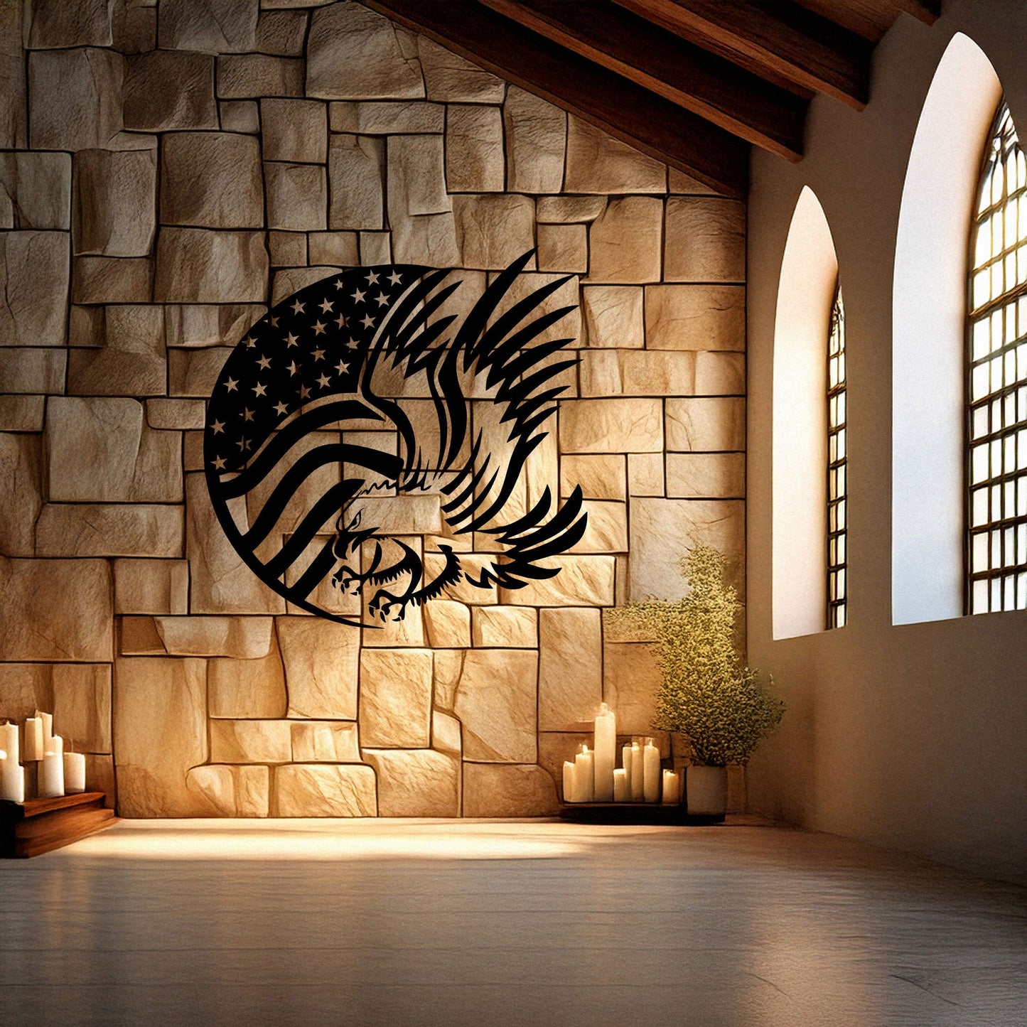Laser Cut Metal Wall Decor, American Flag and Eagle Design, Black Patriotic Wall Art, USA Decor Gift, Rustic Home Accent, Veteran Room Decor