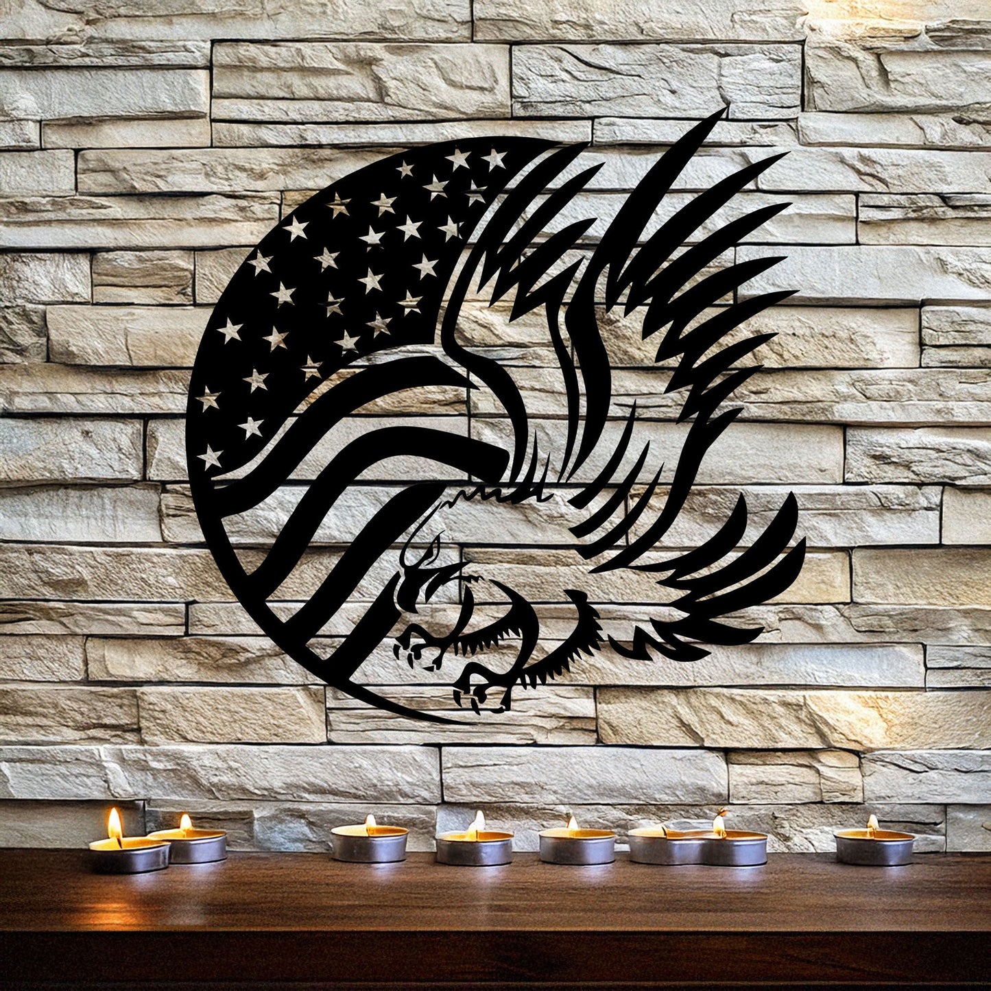 Laser Cut Metal Wall Decor, American Flag and Eagle Design, Black Patriotic Wall Art, USA Decor Gift, Rustic Home Accent, Veteran Room Decor