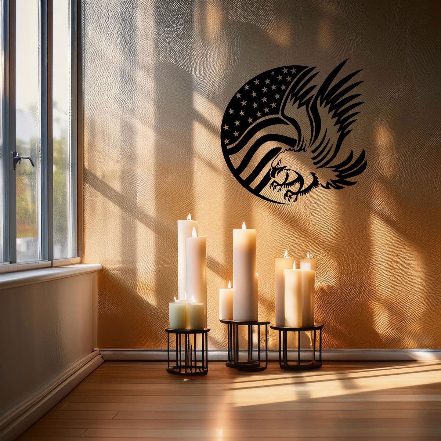 Laser Cut Metal Wall Decor, American Flag and Eagle Design, Black Patriotic Wall Art, USA Decor Gift, Rustic Home Accent, Veteran Room Decor