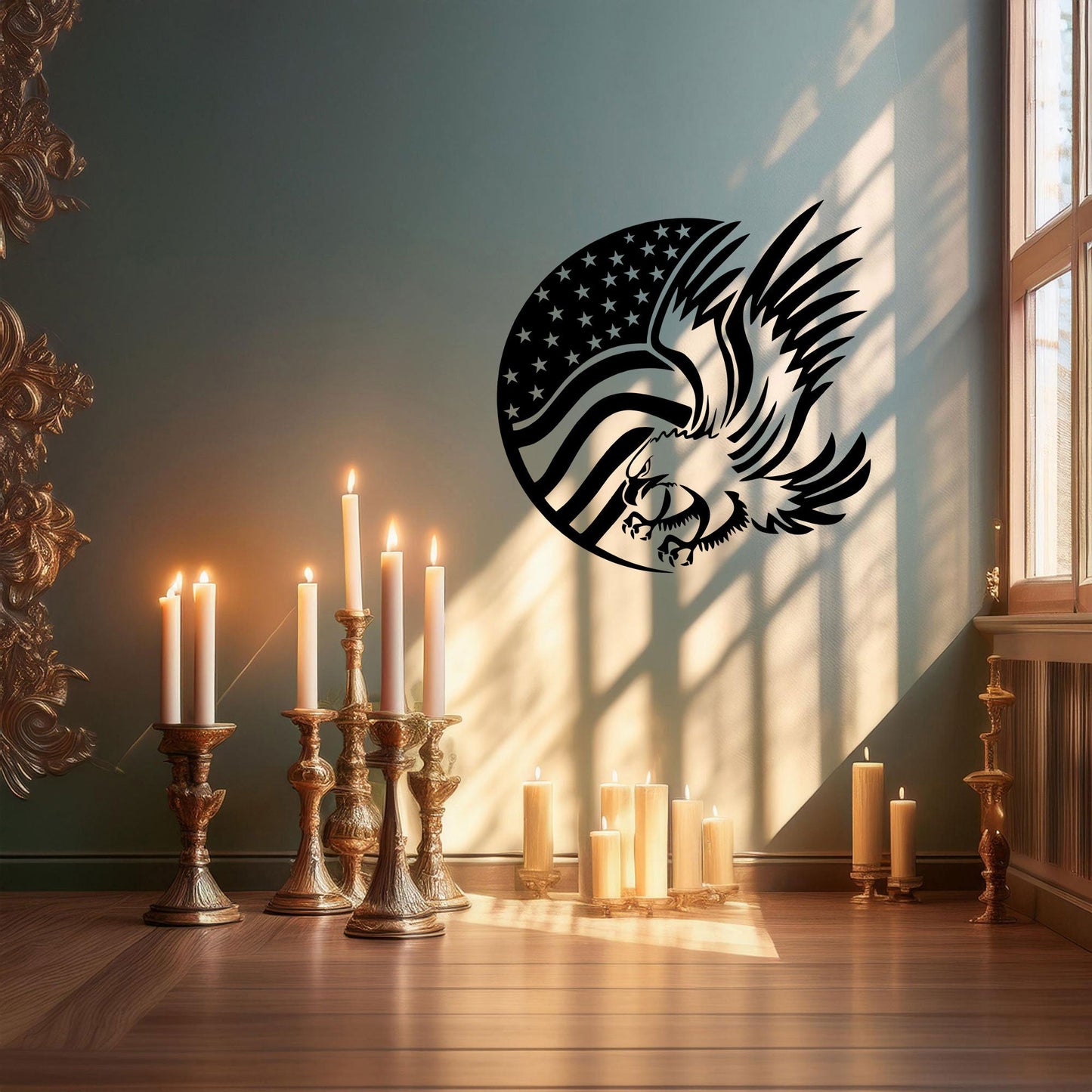 Laser Cut Metal Wall Decor, American Flag and Eagle Design, Black Patriotic Wall Art, USA Decor Gift, Rustic Home Accent, Veteran Room Decor