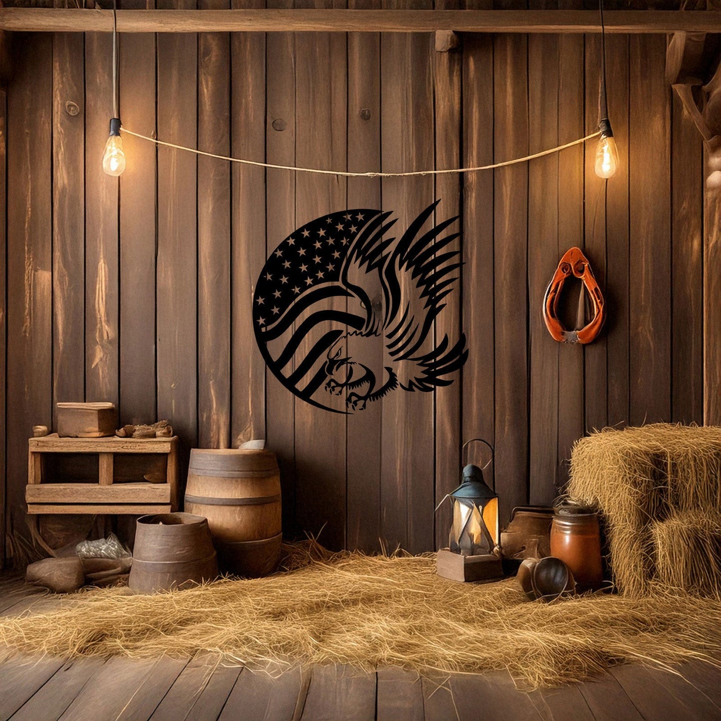 Laser Cut Metal Wall Decor, American Flag and Eagle Design, Black Patriotic Wall Art, USA Decor Gift, Rustic Home Accent, Veteran Room Decor