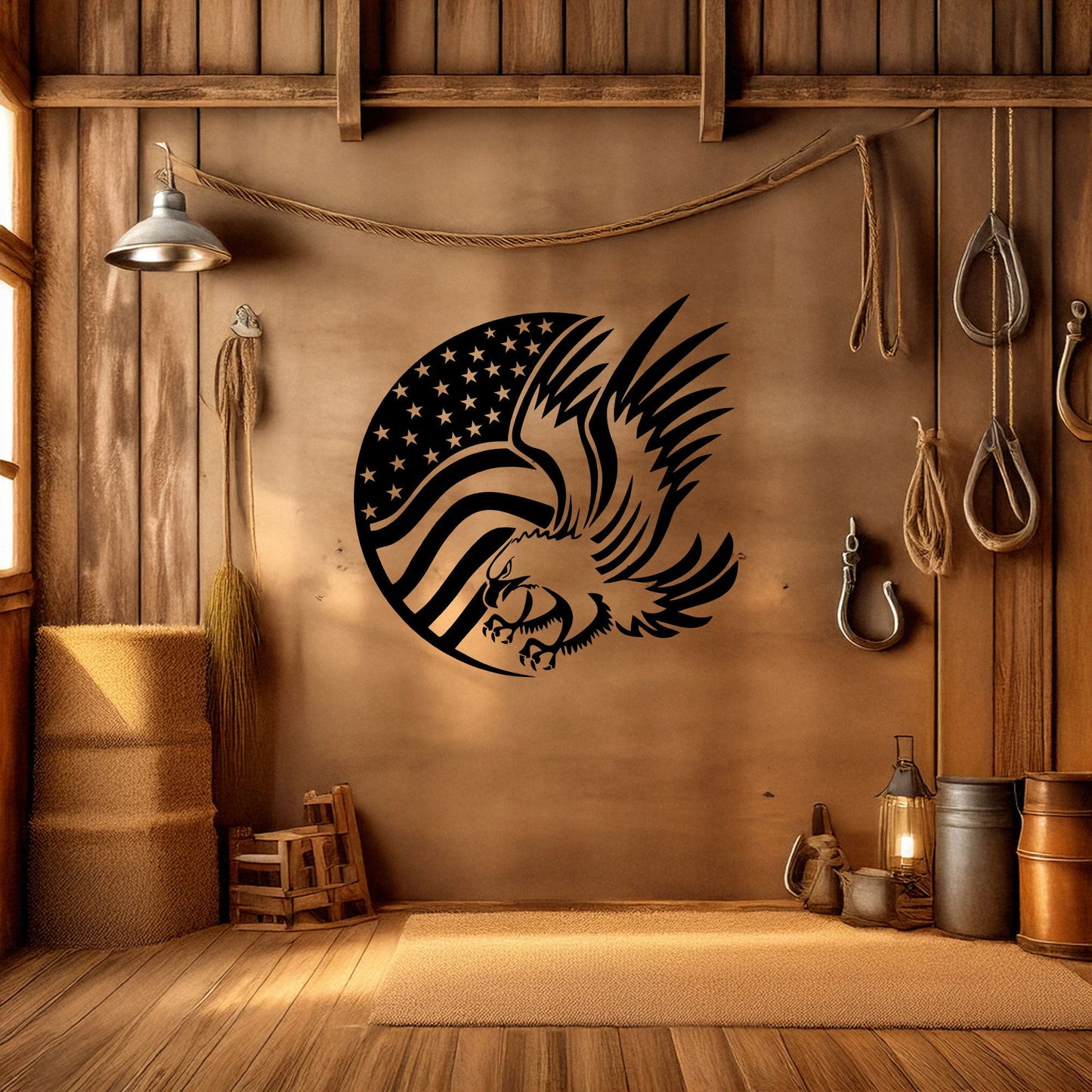 Laser Cut Metal Wall Decor, American Flag and Eagle Design, Black Patriotic Wall Art, USA Decor Gift, Rustic Home Accent, Veteran Room Decor