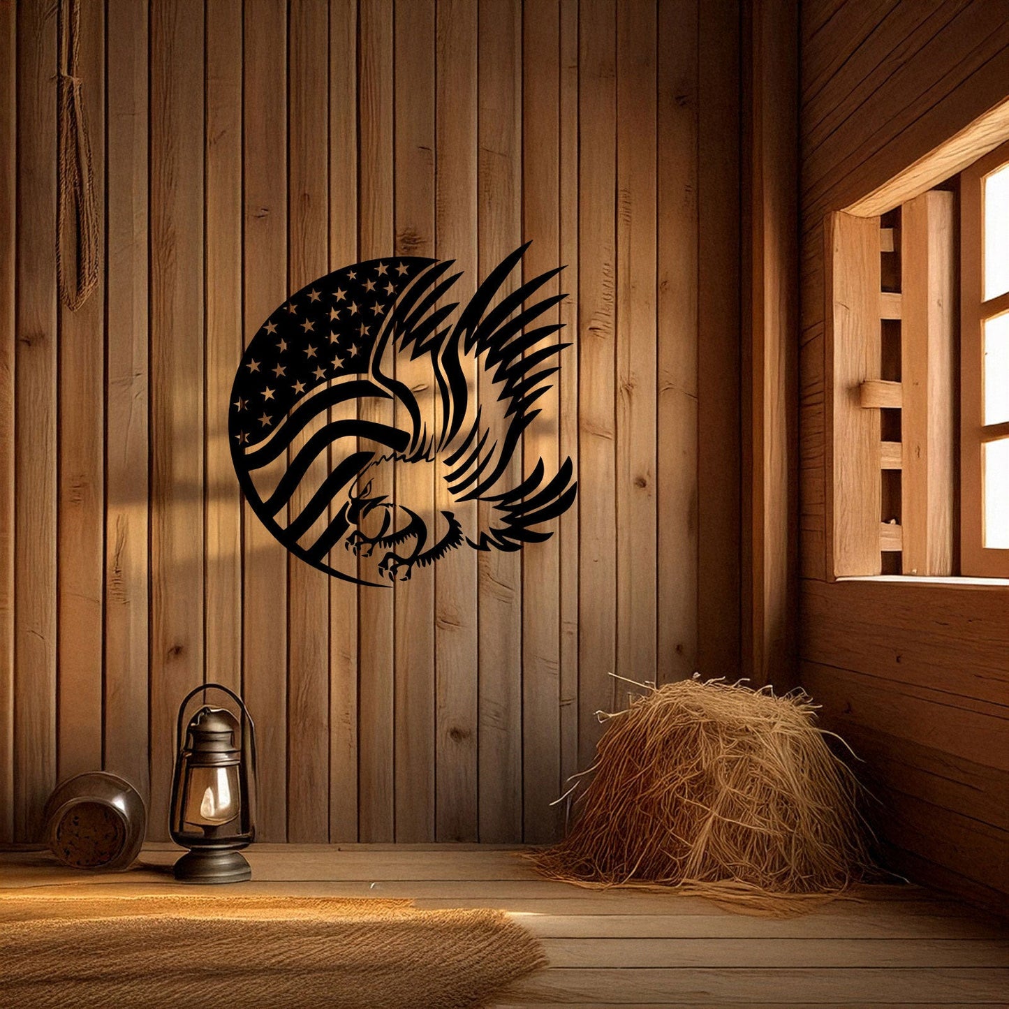 Laser Cut Metal Wall Decor, American Flag and Eagle Design, Black Patriotic Wall Art, USA Decor Gift, Rustic Home Accent, Veteran Room Decor