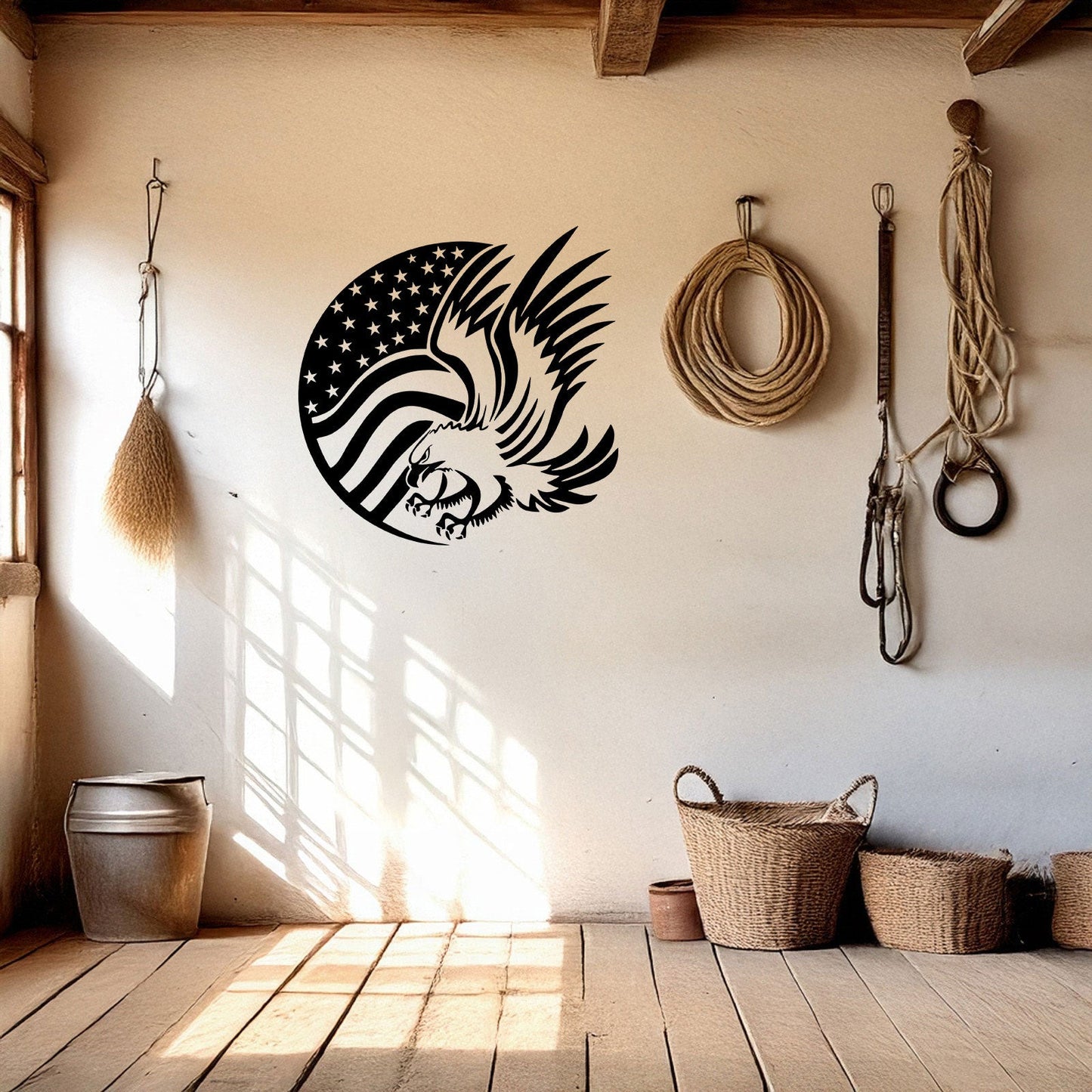Laser Cut Metal Wall Decor, American Flag and Eagle Design, Black Patriotic Wall Art, USA Decor Gift, Rustic Home Accent, Veteran Room Decor