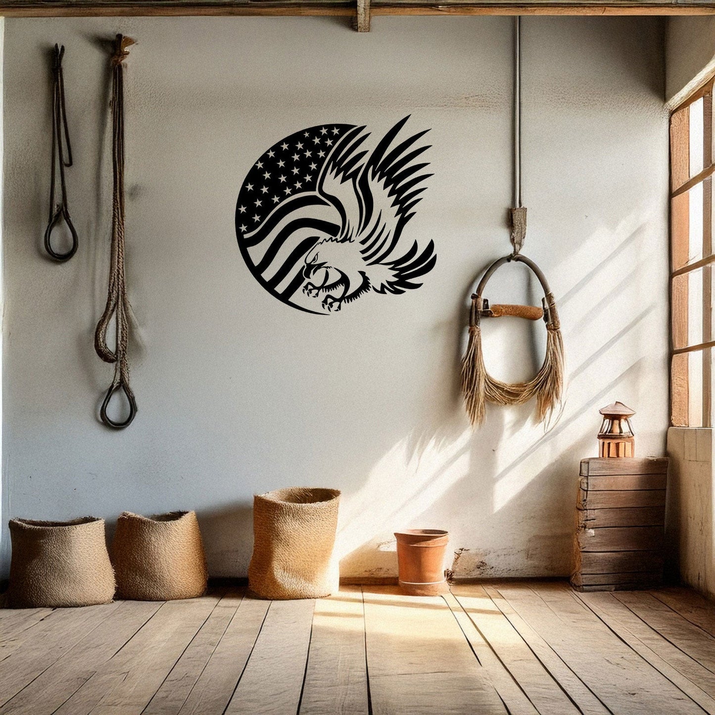 Laser Cut Metal Wall Decor, American Flag and Eagle Design, Black Patriotic Wall Art, USA Decor Gift, Rustic Home Accent, Veteran Room Decor