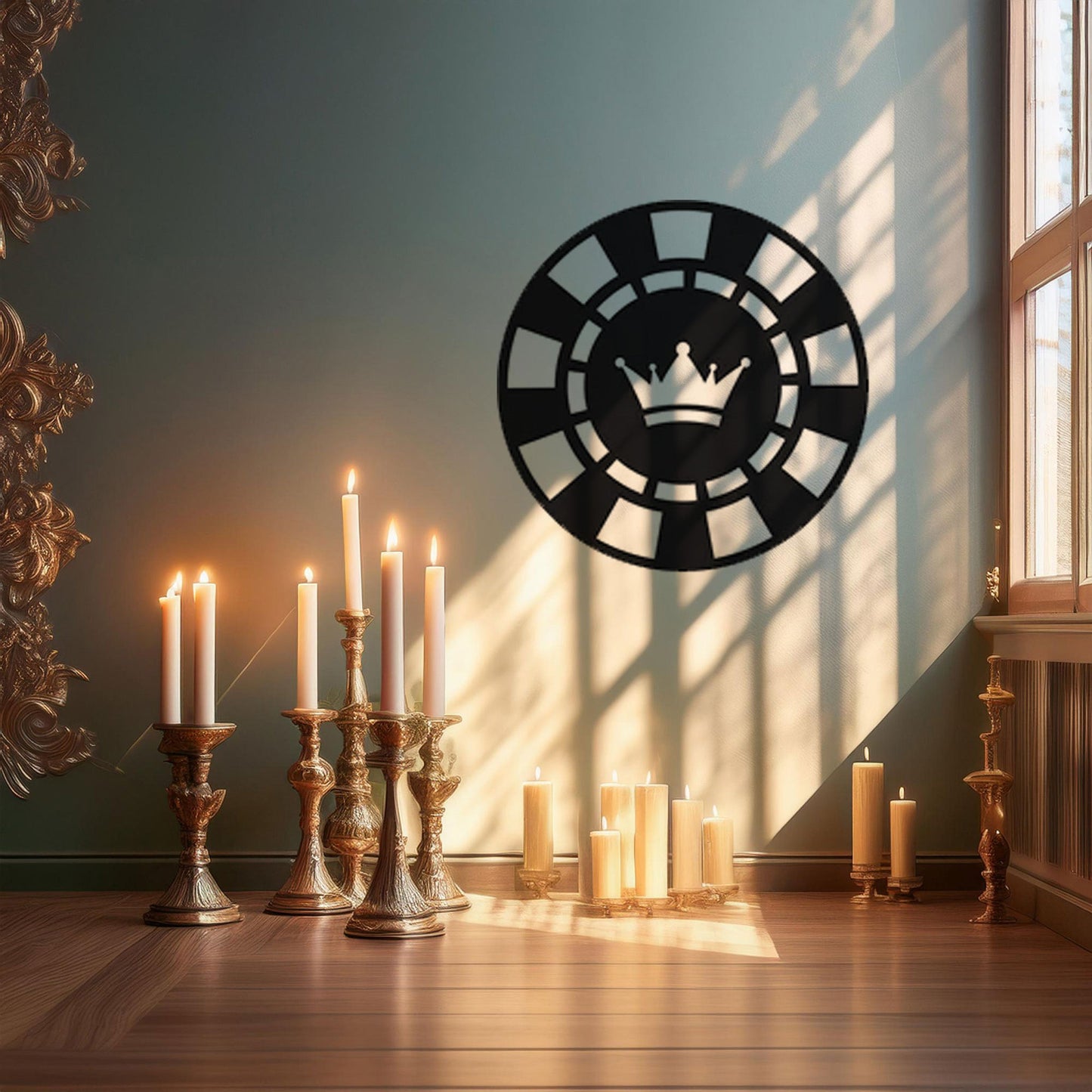 Laser Cut Metal Wall Decor, Poker Chip with Crown Design, Black Game Room Wall Art, Casino-Themed Accent, Matte Black Wall Art, Poker Lover Gift