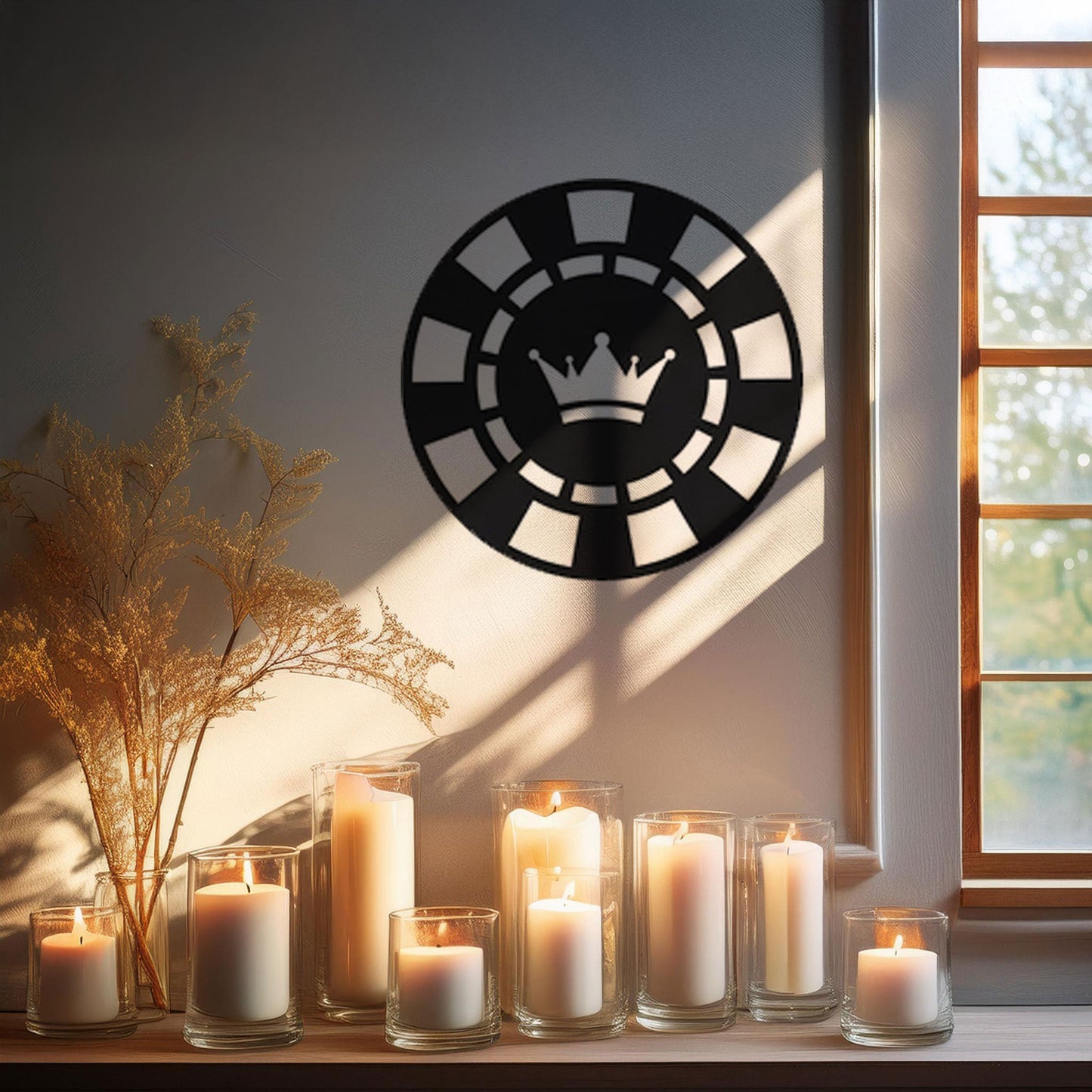 Laser Cut Metal Wall Decor, Poker Chip with Crown Design, Black Game Room Wall Art, Casino-Themed Accent, Matte Black Wall Art, Poker Lover Gift