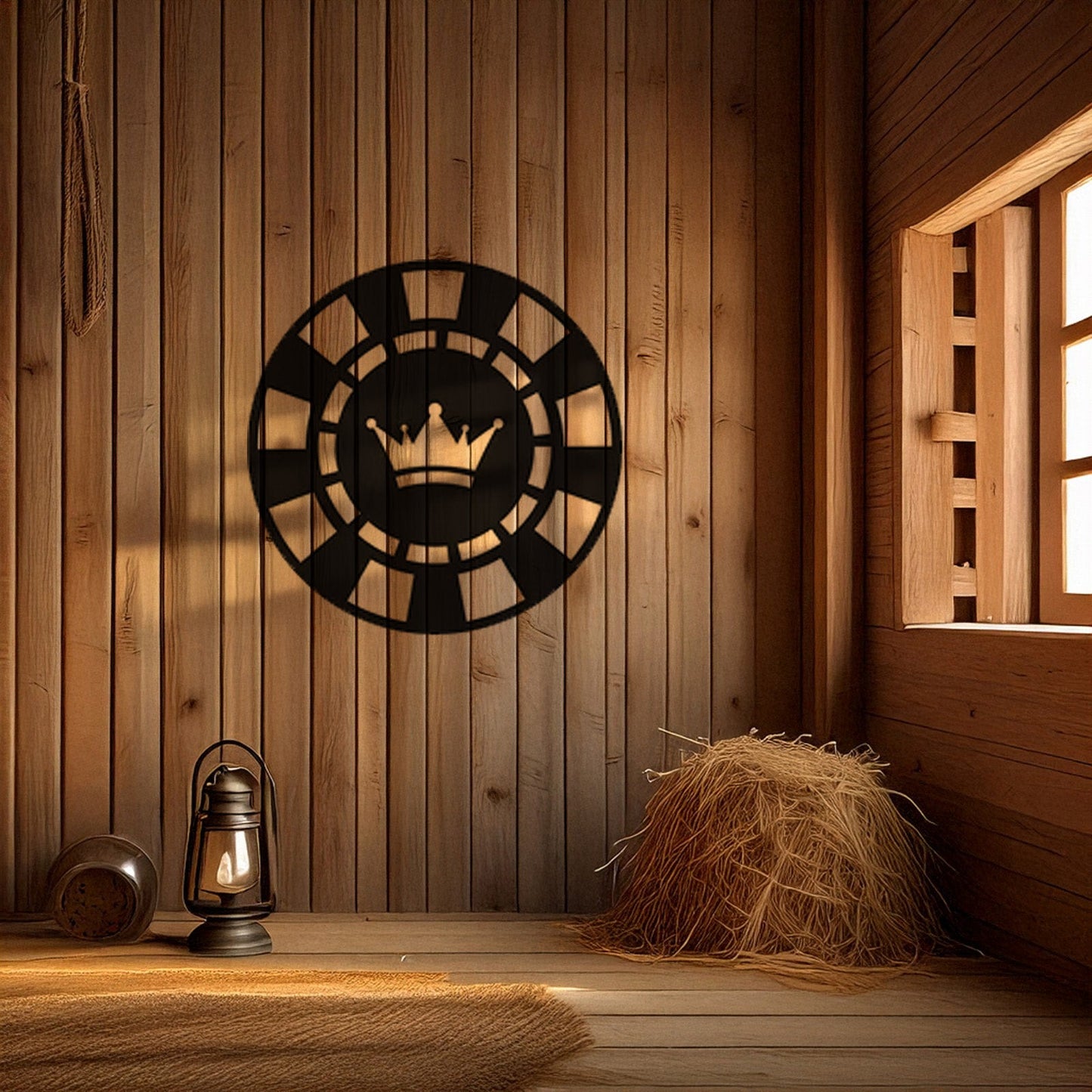 Laser Cut Metal Wall Decor, Poker Chip with Crown Design, Black Game Room Wall Art, Casino-Themed Accent, Matte Black Wall Art, Poker Lover Gift