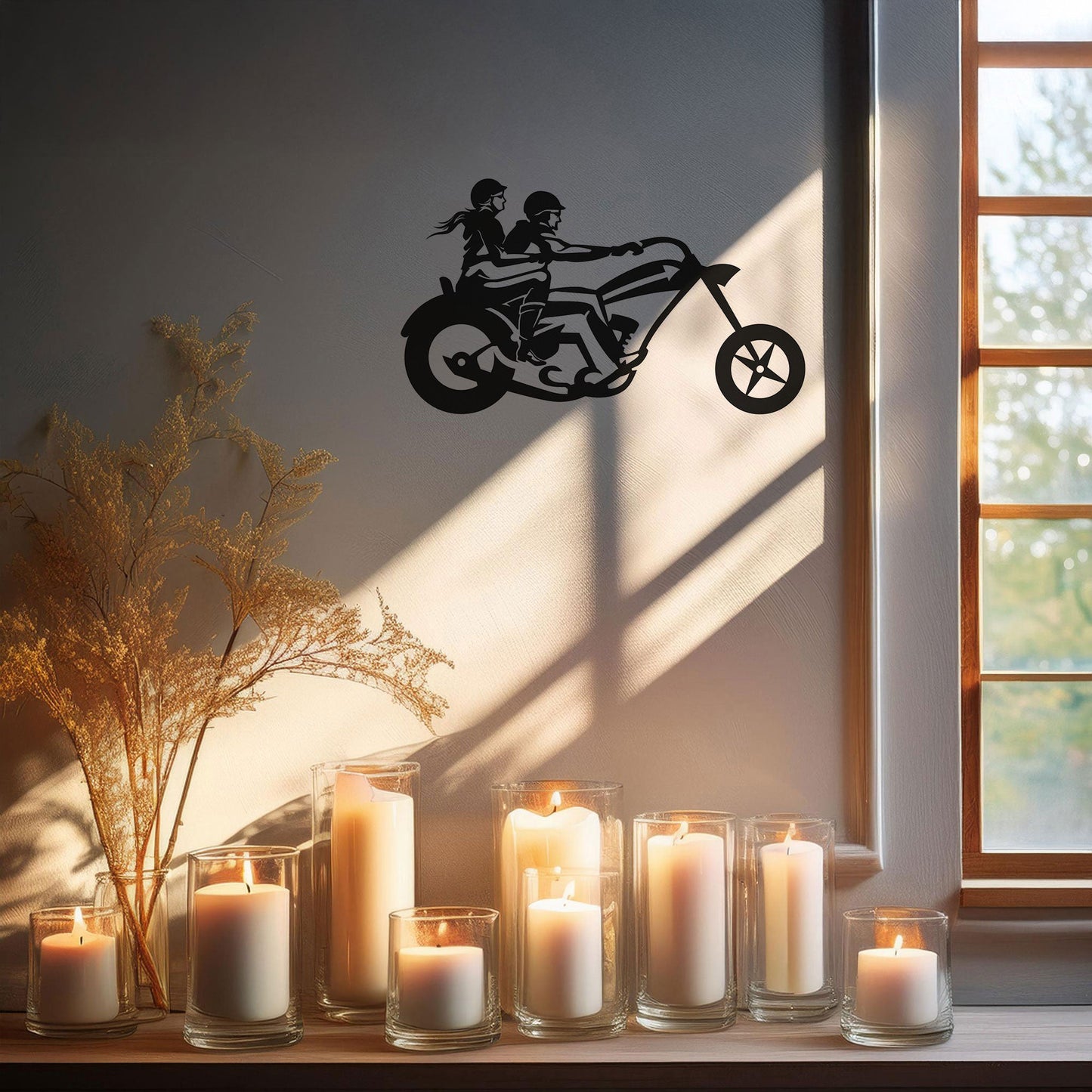 Laser Cut Metal Wall Decor, Motorcycle Chopper Couple Ride Design, Black Biker Wall Art, Garage Decor Accent, Matte Black Wall Art, Gift for Bikers