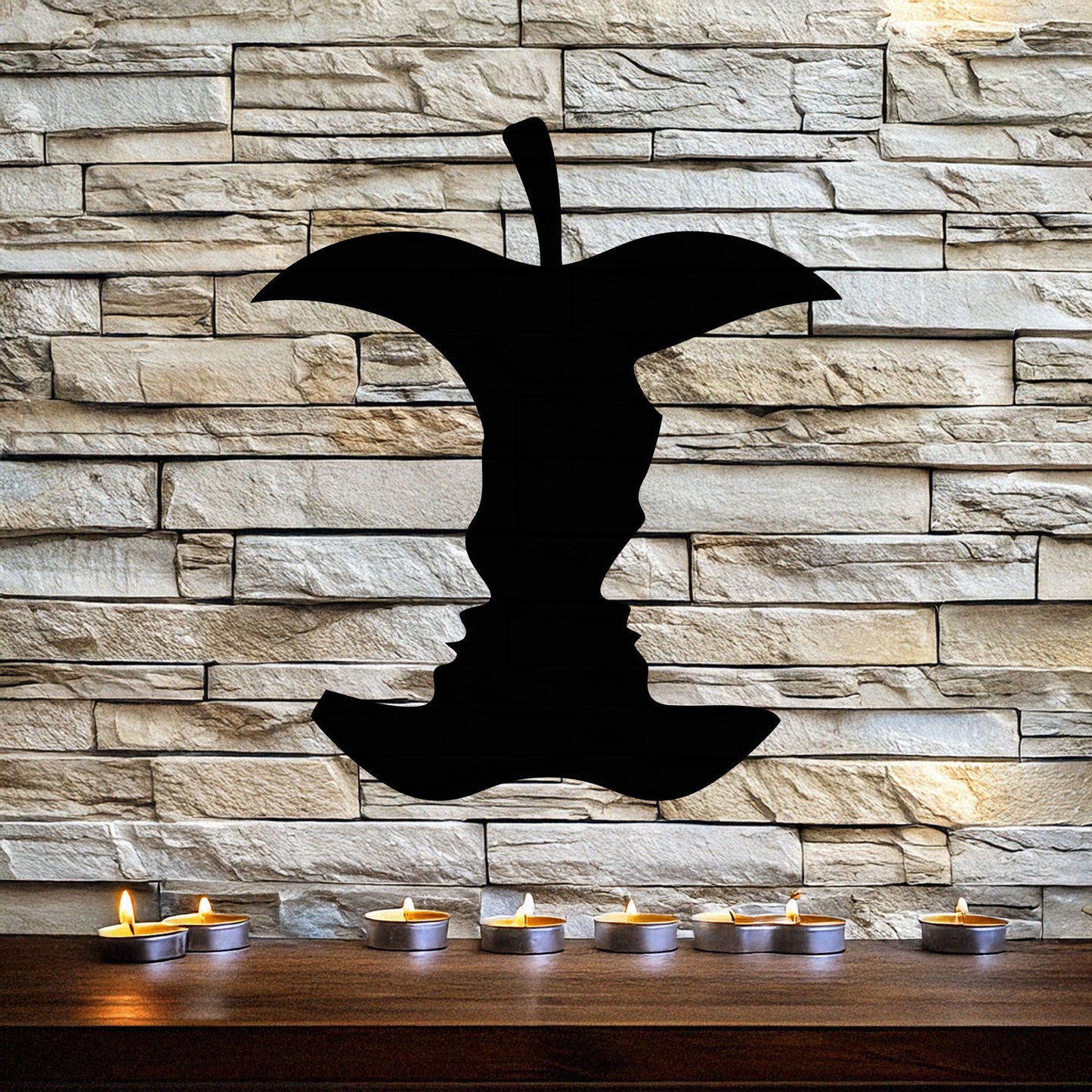 Laser Cut Metal Wall Decor, Bitten Apple with Woman and Man Faces Design, Black Modern Wall Art, Romantic Home Accent, Matte Black Wall Art
