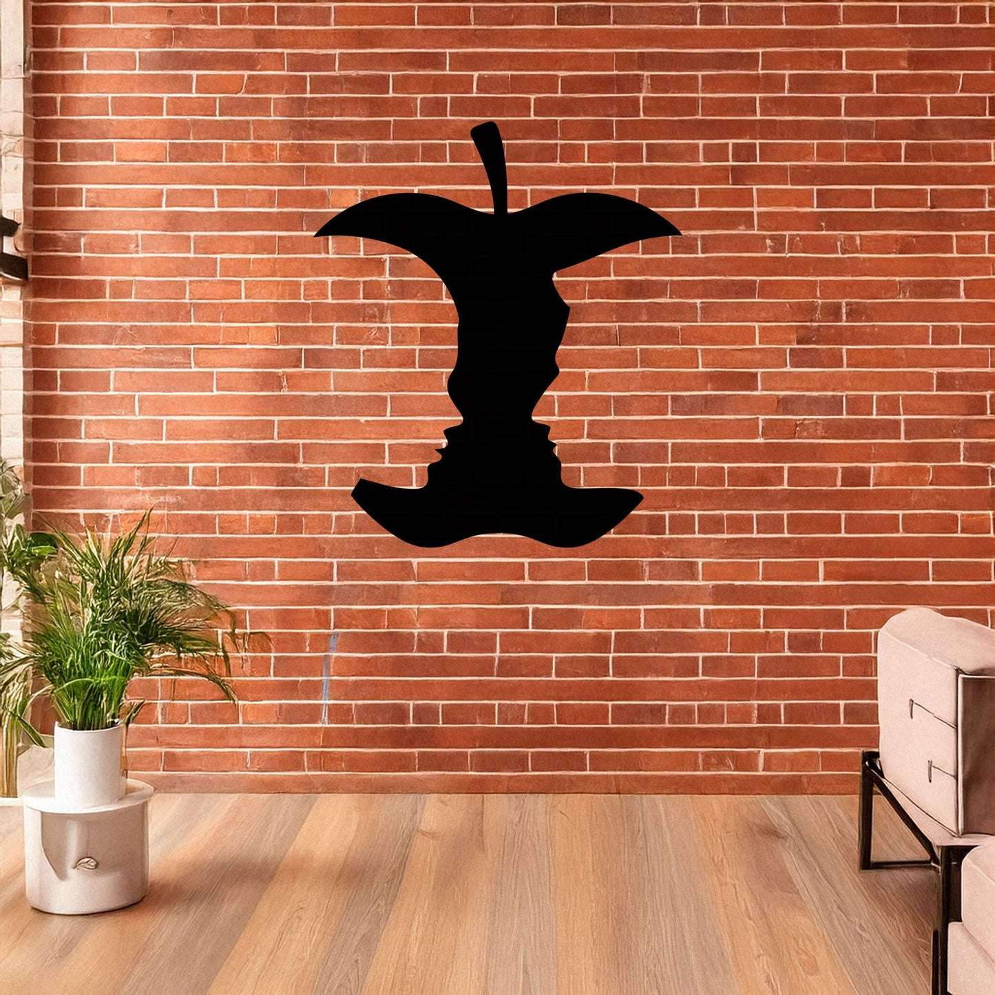 Laser Cut Metal Wall Decor, Bitten Apple with Woman and Man Faces Design, Black Modern Wall Art, Romantic Home Accent, Matte Black Wall Art