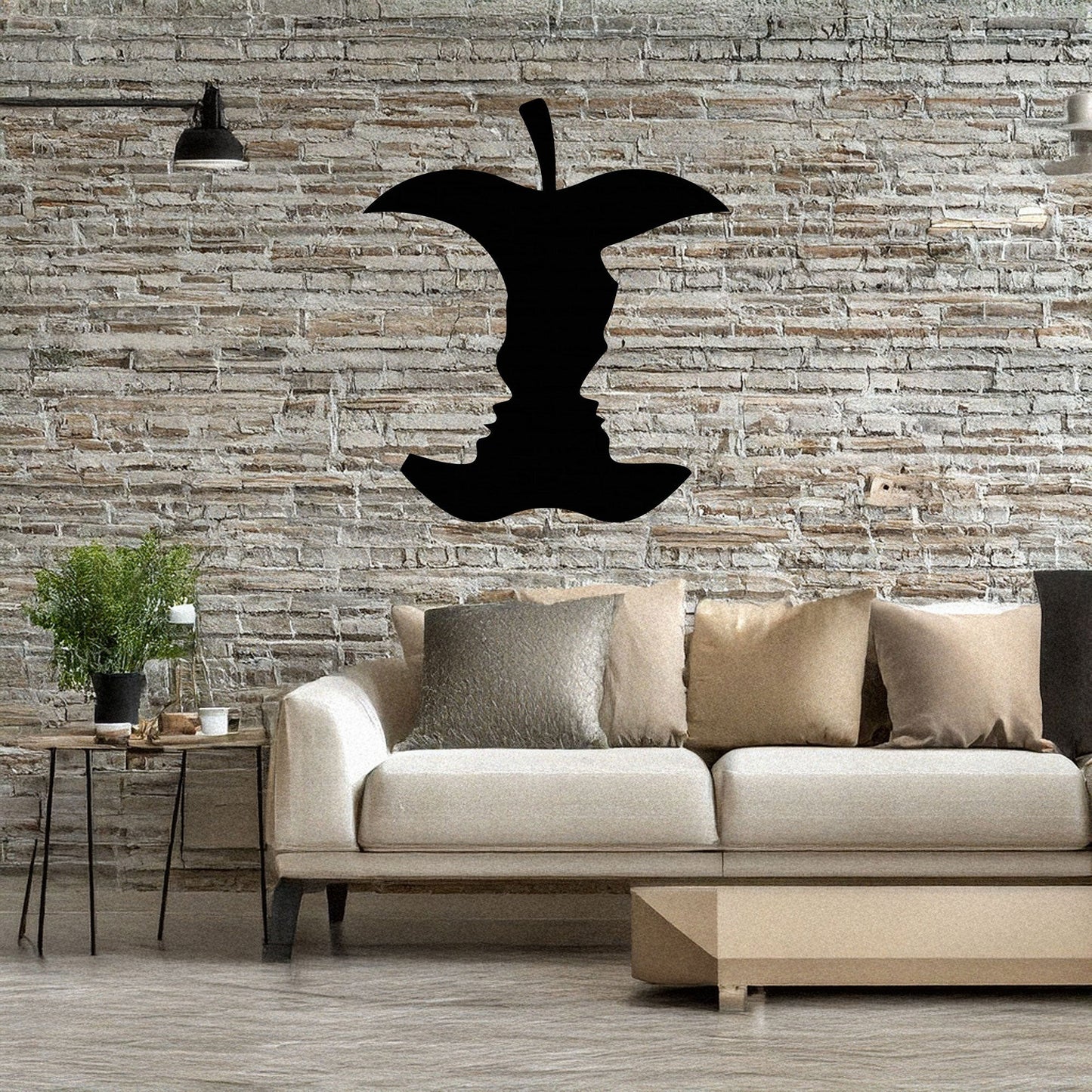 Laser Cut Metal Wall Decor, Bitten Apple with Woman and Man Faces Design, Black Modern Wall Art, Romantic Home Accent, Matte Black Wall Art