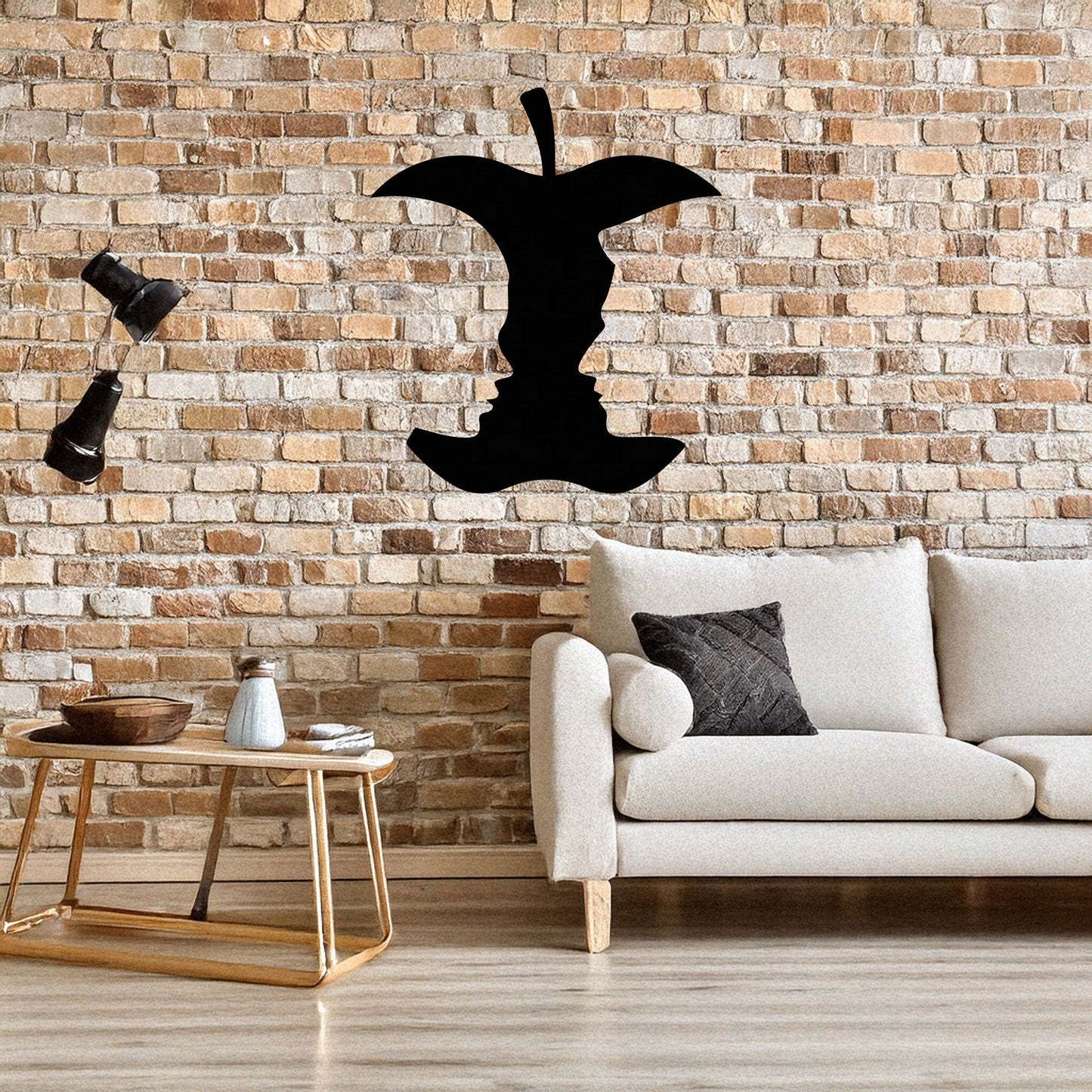 Laser Cut Metal Wall Decor, Bitten Apple with Woman and Man Faces Design, Black Modern Wall Art, Romantic Home Accent, Matte Black Wall Art