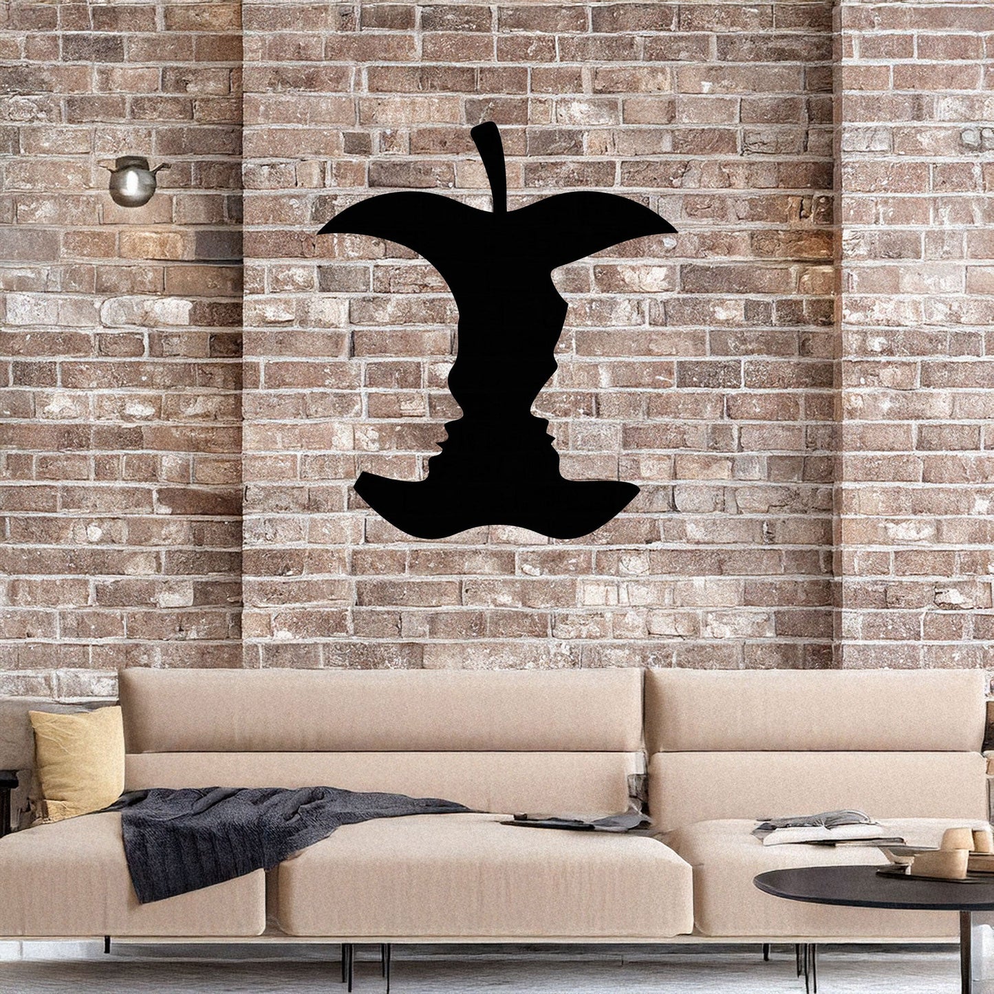 Laser Cut Metal Wall Decor, Bitten Apple with Woman and Man Faces Design, Black Modern Wall Art, Romantic Home Accent, Matte Black Wall Art