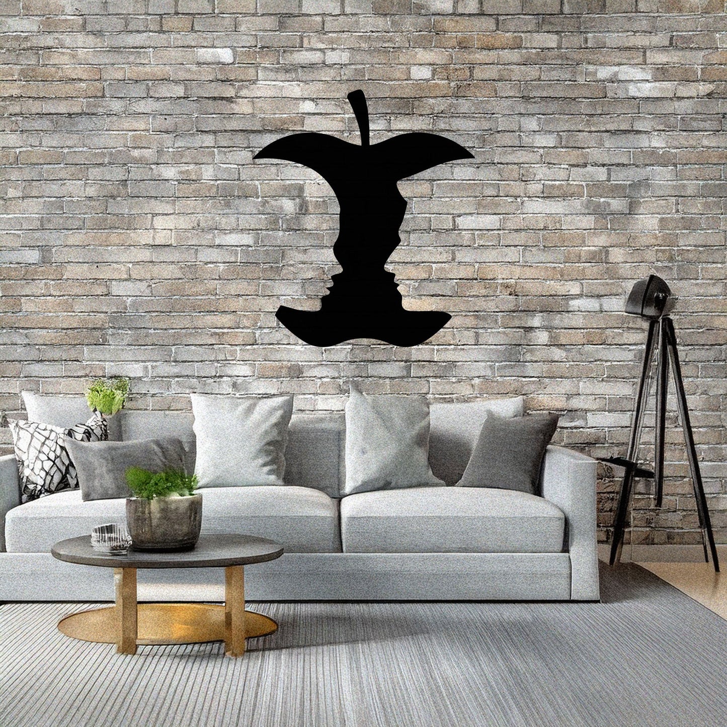 Laser Cut Metal Wall Decor, Bitten Apple with Woman and Man Faces Design, Black Modern Wall Art, Romantic Home Accent, Matte Black Wall Art