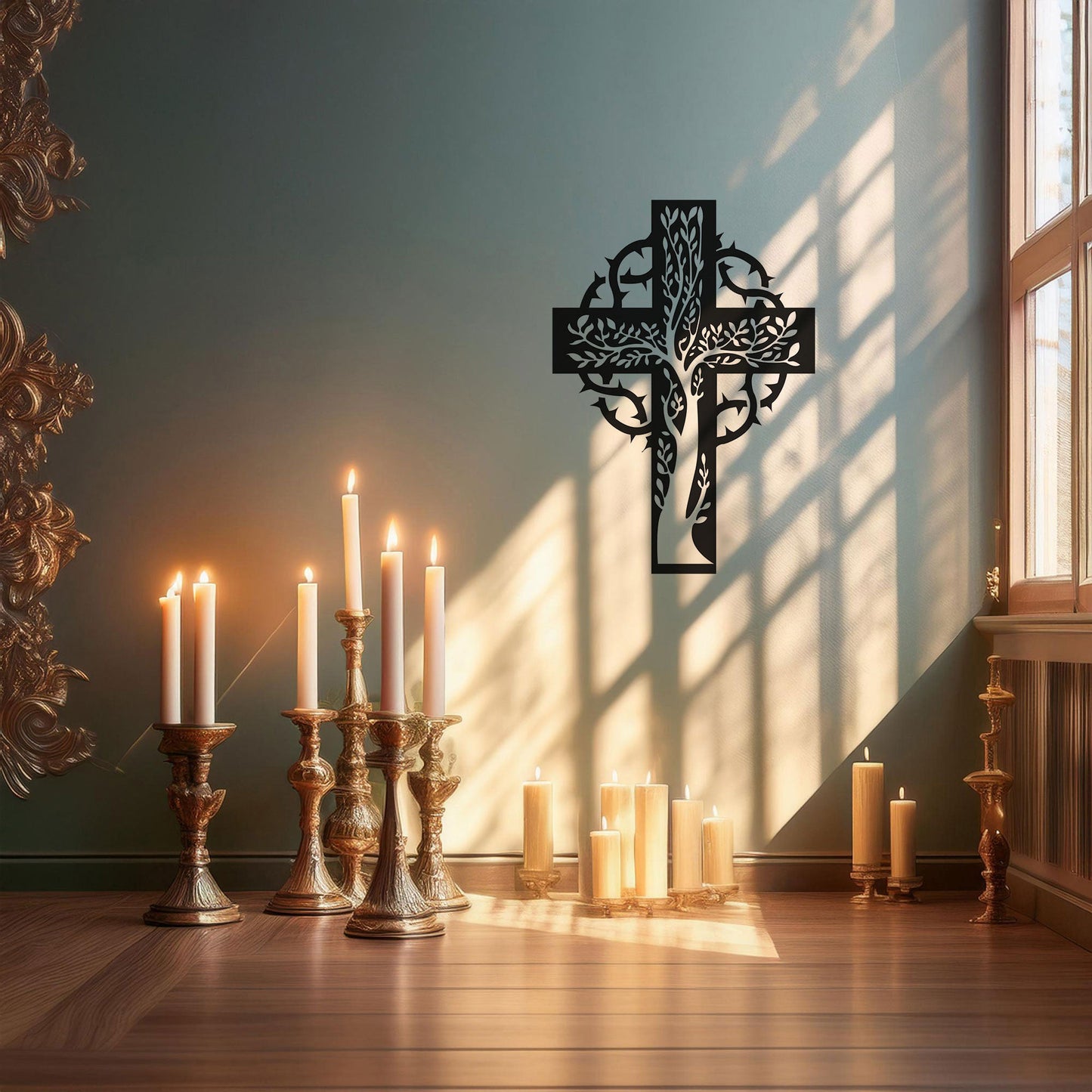 Laser Cut Metal Wall Decor, Floral Christian Cross Design, Black Religious Wall Art, Matte Black Wall Accent, Faith-Inspired Home Decor