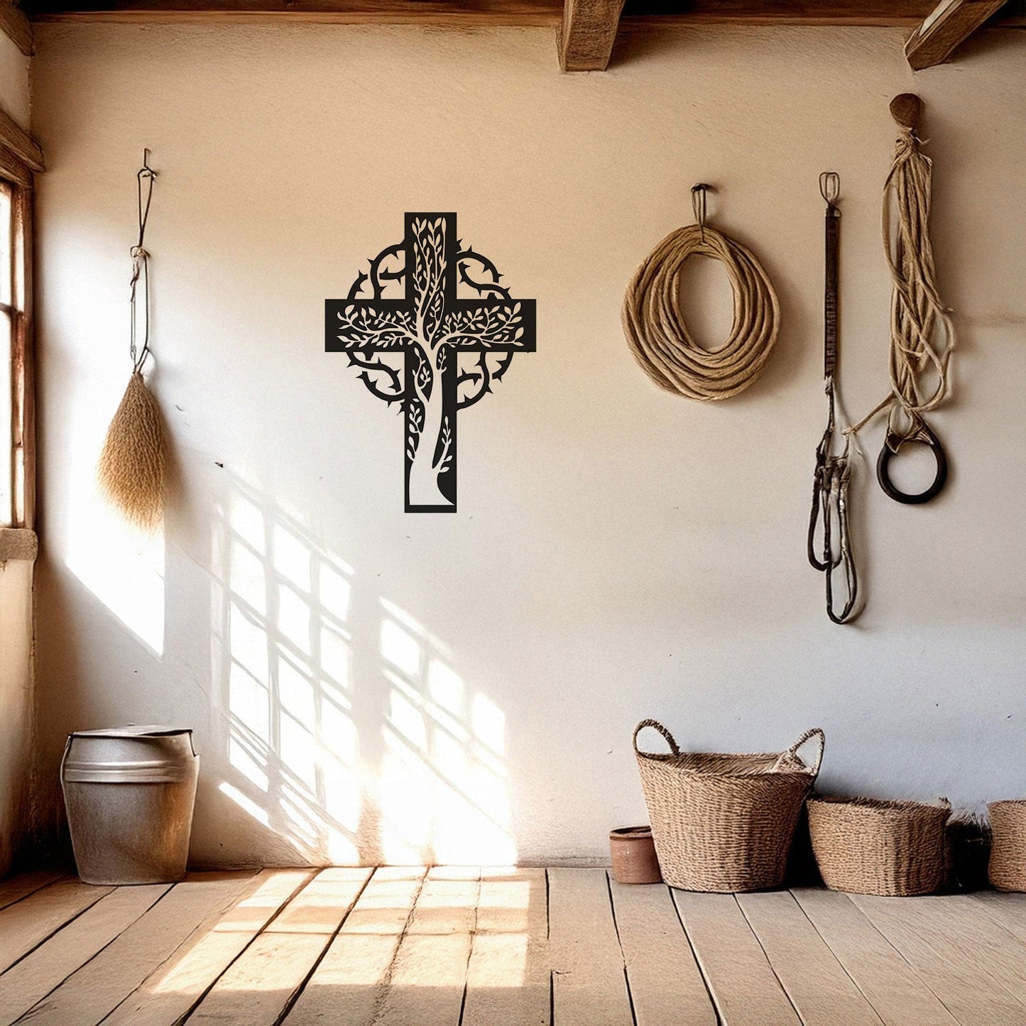 Laser Cut Metal Wall Decor, Floral Christian Cross Design, Black Religious Wall Art, Matte Black Wall Accent, Faith-Inspired Home Decor