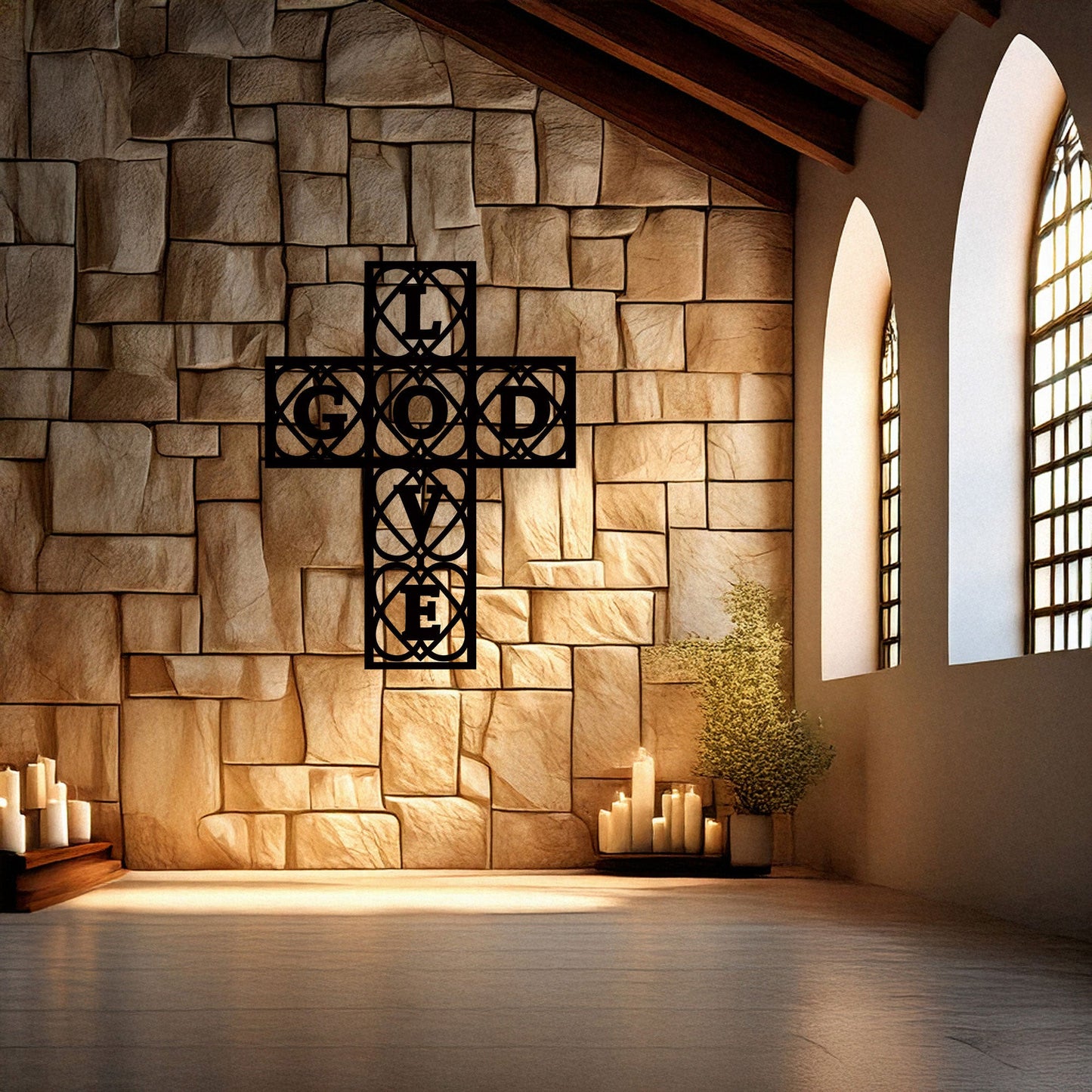 Laser Cut Metal Wall Decor, God and Love Cross Design, Black Religious Wall Art, Inspirational Faith Decor, Matte Black Wall Accent