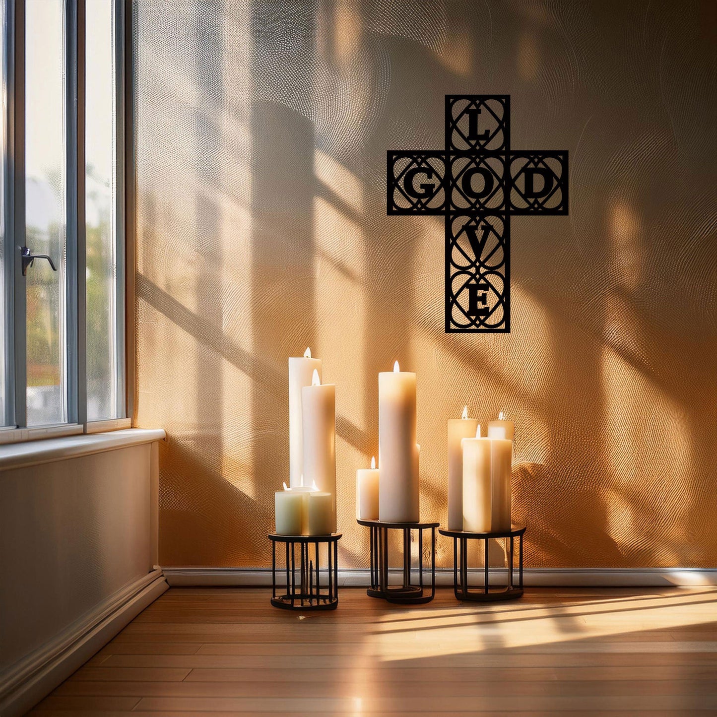 Laser Cut Metal Wall Decor, God and Love Cross Design, Black Religious Wall Art, Inspirational Faith Decor, Matte Black Wall Accent
