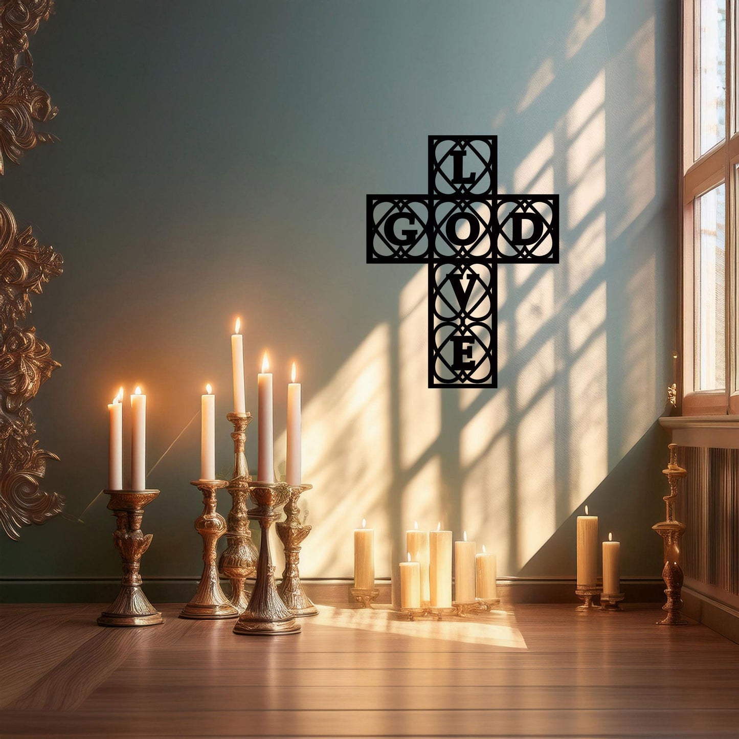 Laser Cut Metal Wall Decor, God and Love Cross Design, Black Religious Wall Art, Inspirational Faith Decor, Matte Black Wall Accent