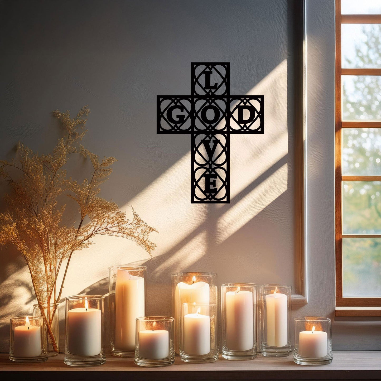Laser Cut Metal Wall Decor, God and Love Cross Design, Black Religious Wall Art, Inspirational Faith Decor, Matte Black Wall Accent