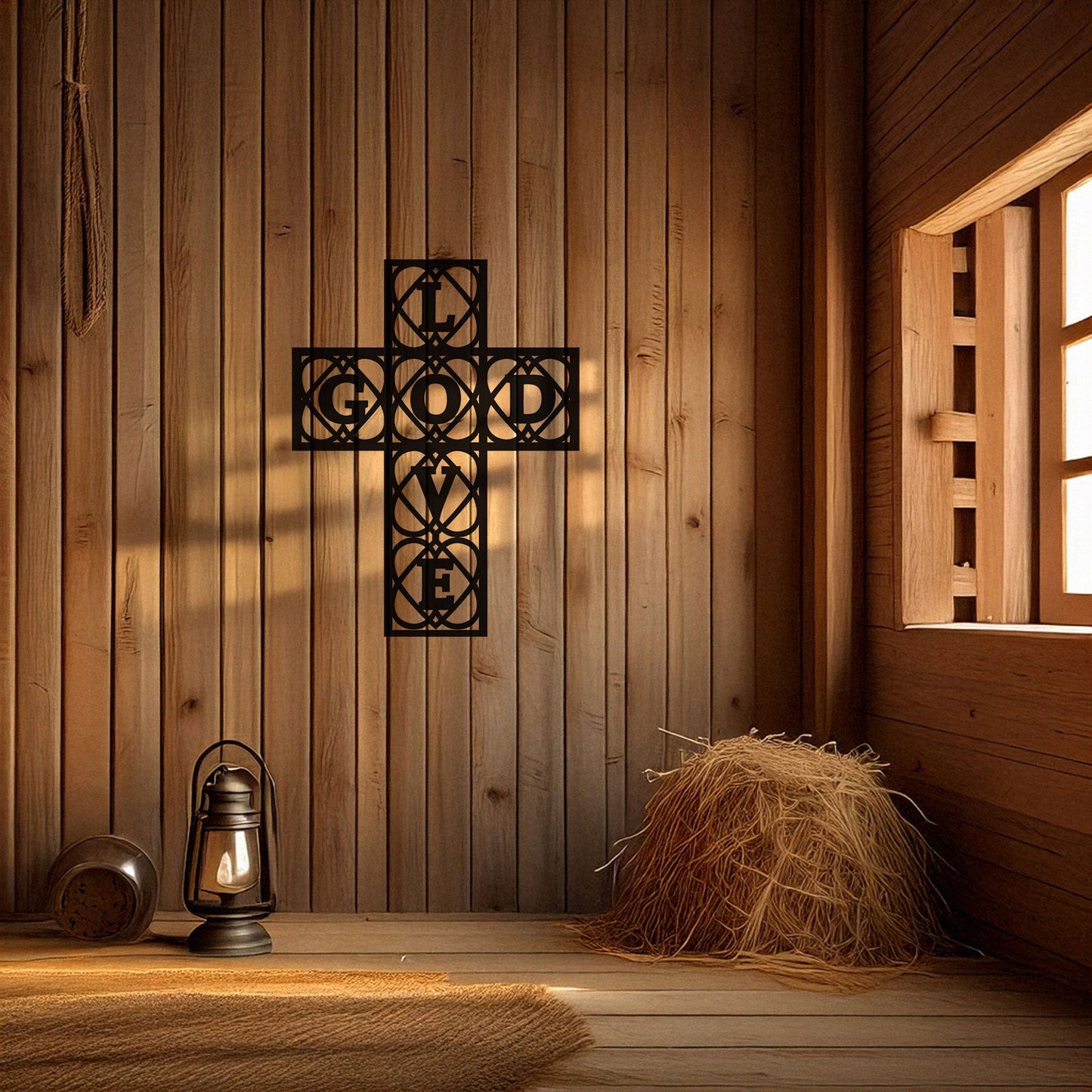 Laser Cut Metal Wall Decor, God and Love Cross Design, Black Religious Wall Art, Inspirational Faith Decor, Matte Black Wall Accent