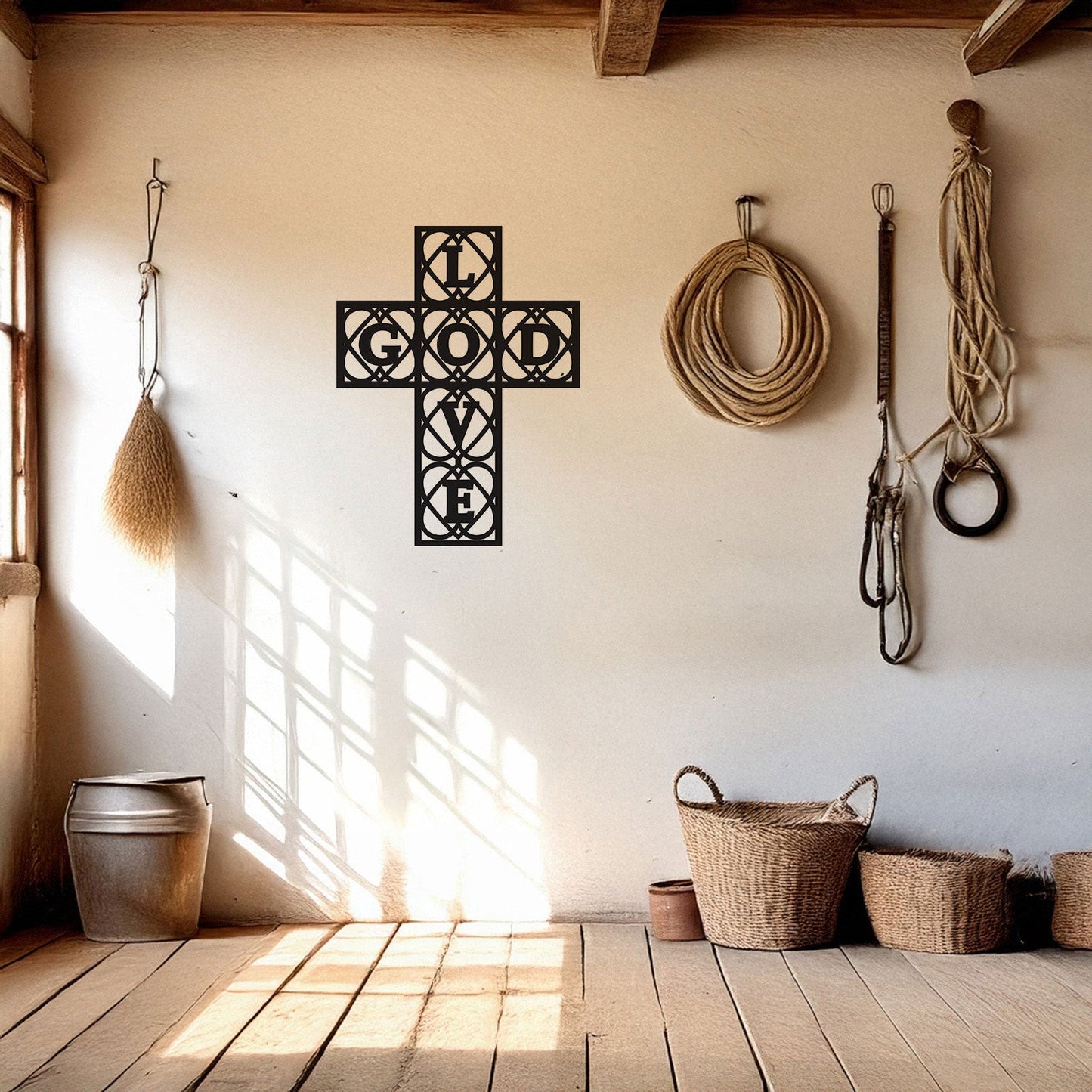 Laser Cut Metal Wall Decor, God and Love Cross Design, Black Religious Wall Art, Inspirational Faith Decor, Matte Black Wall Accent