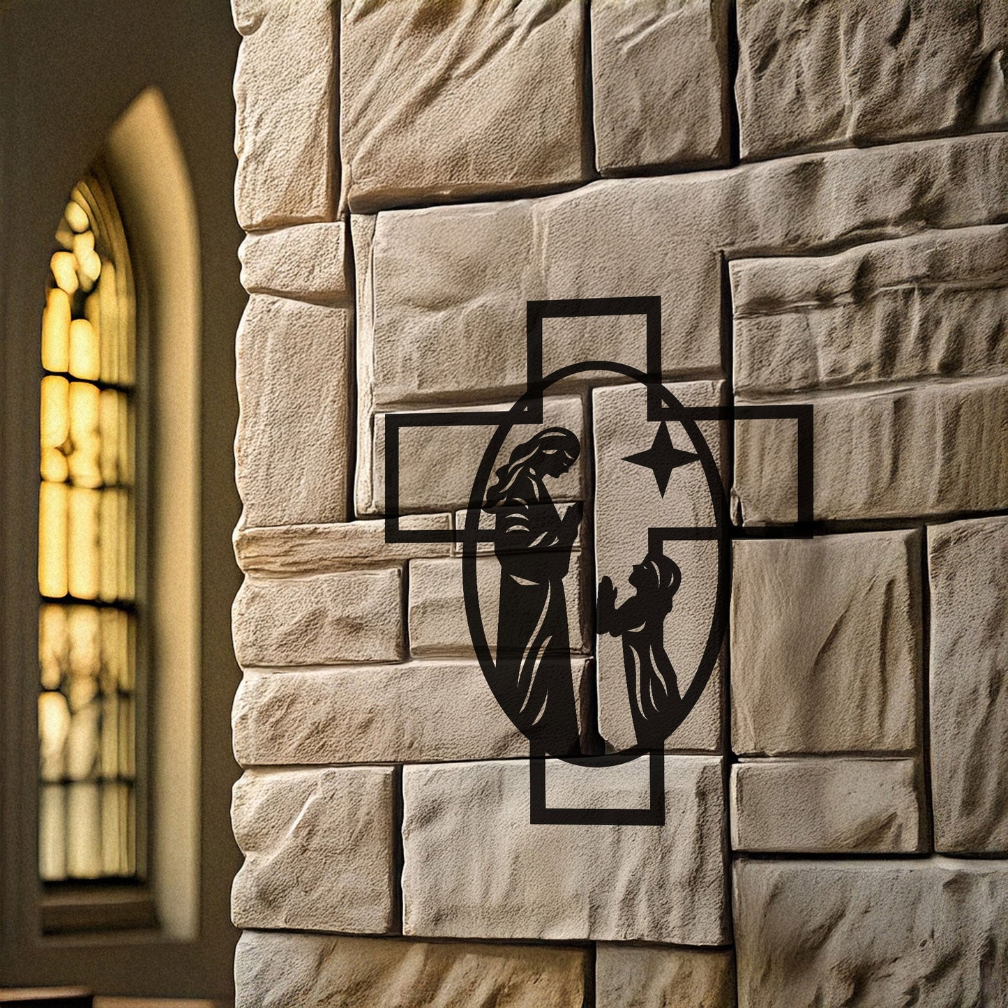 Laser Cut Metal Wall Decor, Maria and Jesus Cross Design, Black Religious Wall Art, Matte Black Faith-Inspired Decor, Spiritual Home Accent