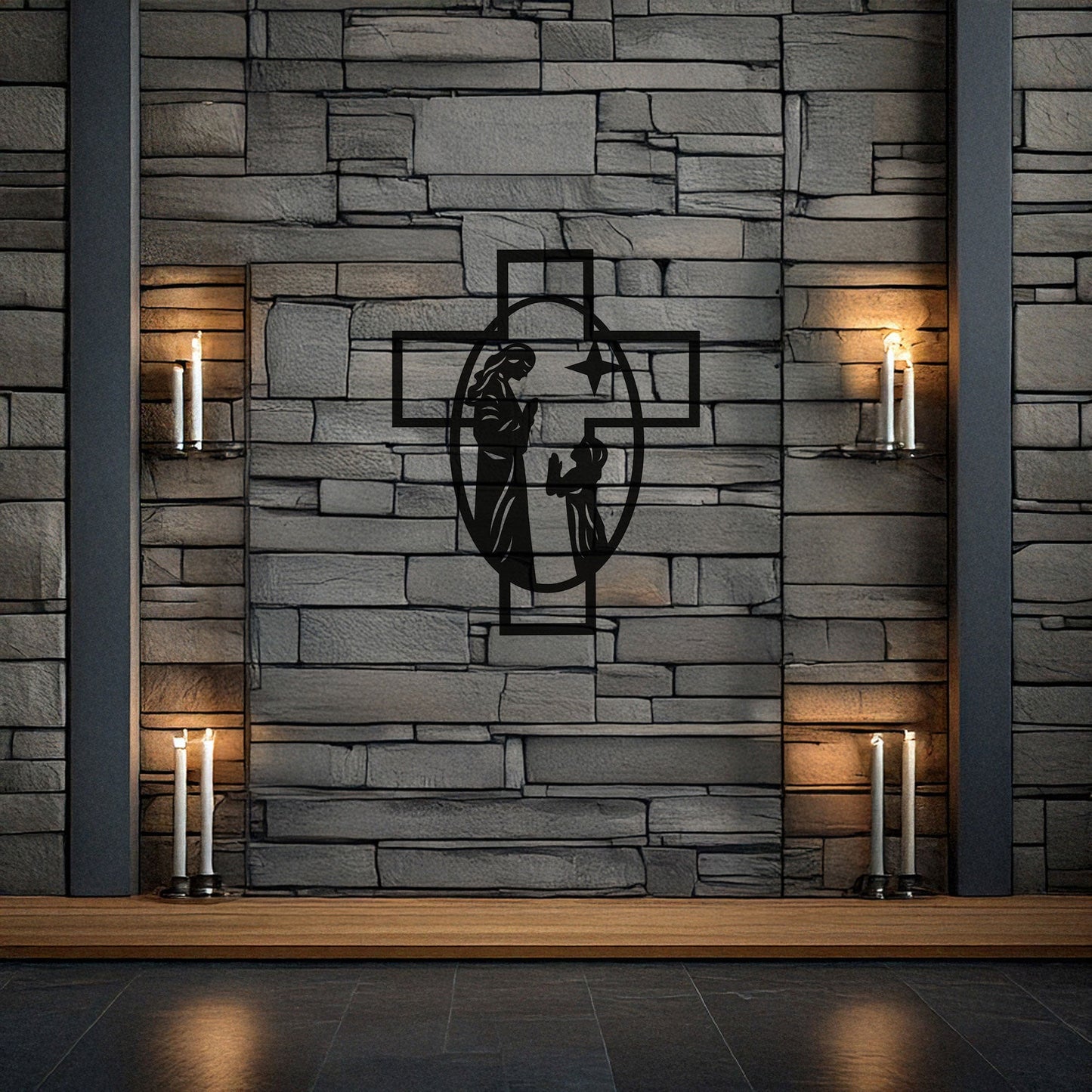 Laser Cut Metal Wall Decor, Maria and Jesus Cross Design, Black Religious Wall Art, Matte Black Faith-Inspired Decor, Spiritual Home Accent