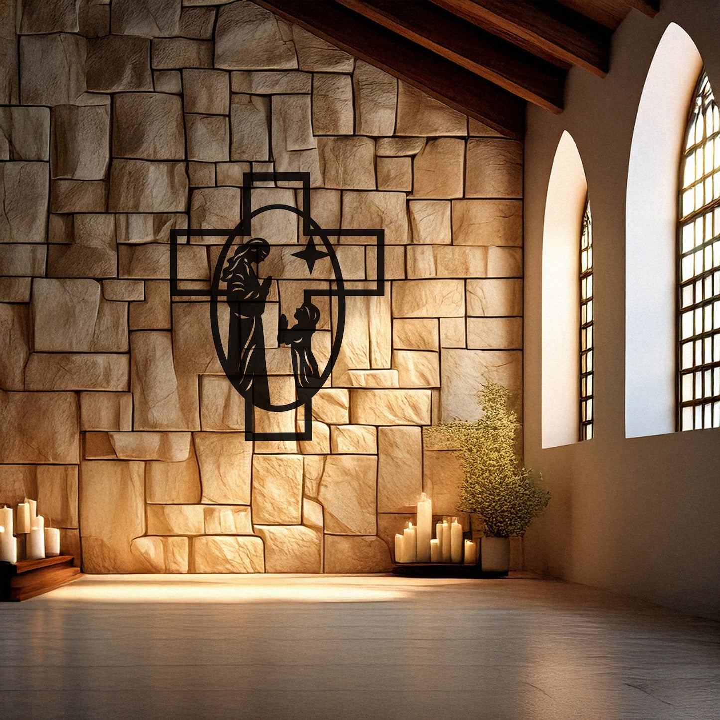 Laser Cut Metal Wall Decor, Maria and Jesus Cross Design, Black Religious Wall Art, Matte Black Faith-Inspired Decor, Spiritual Home Accent