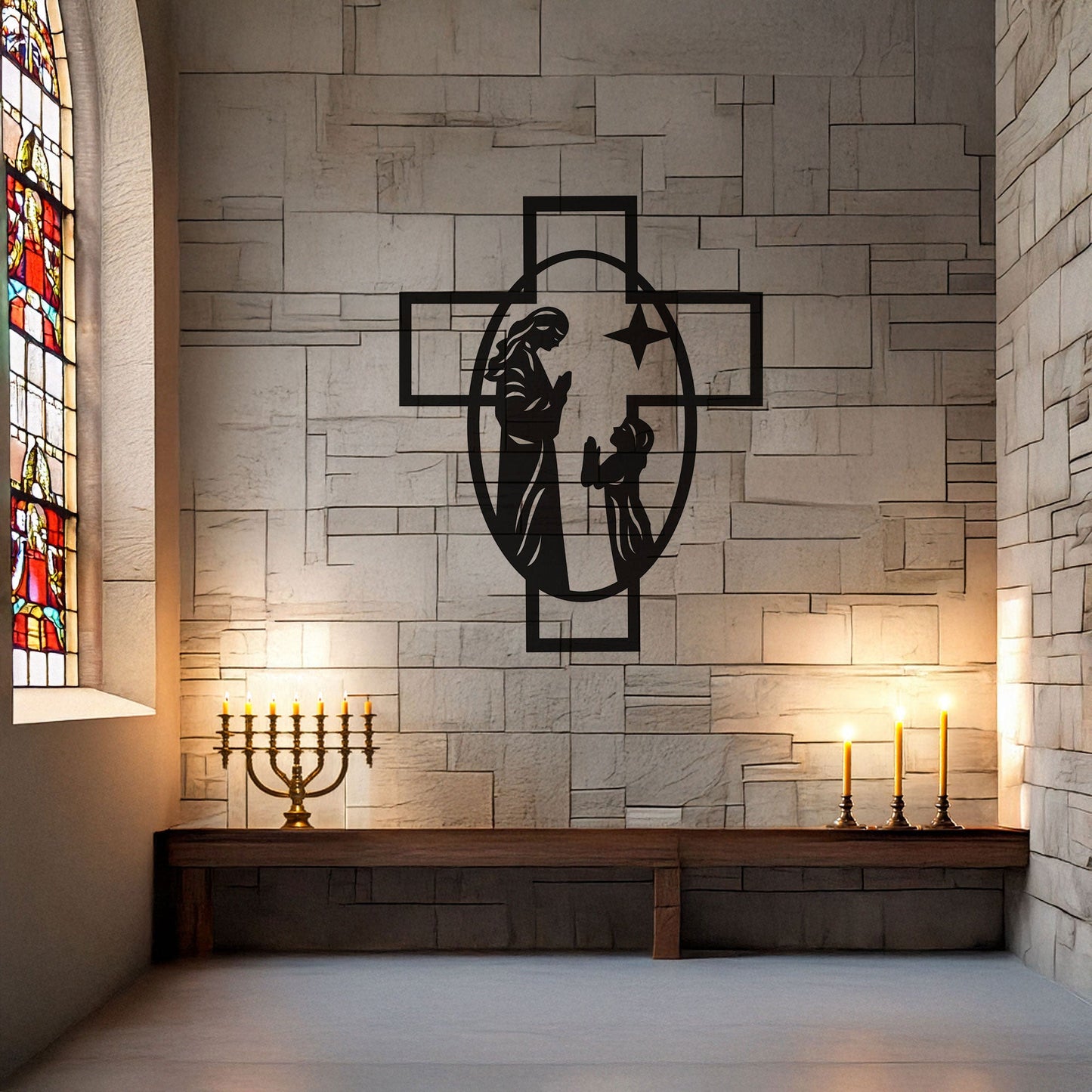 Laser Cut Metal Wall Decor, Maria and Jesus Cross Design, Black Religious Wall Art, Matte Black Faith-Inspired Decor, Spiritual Home Accent