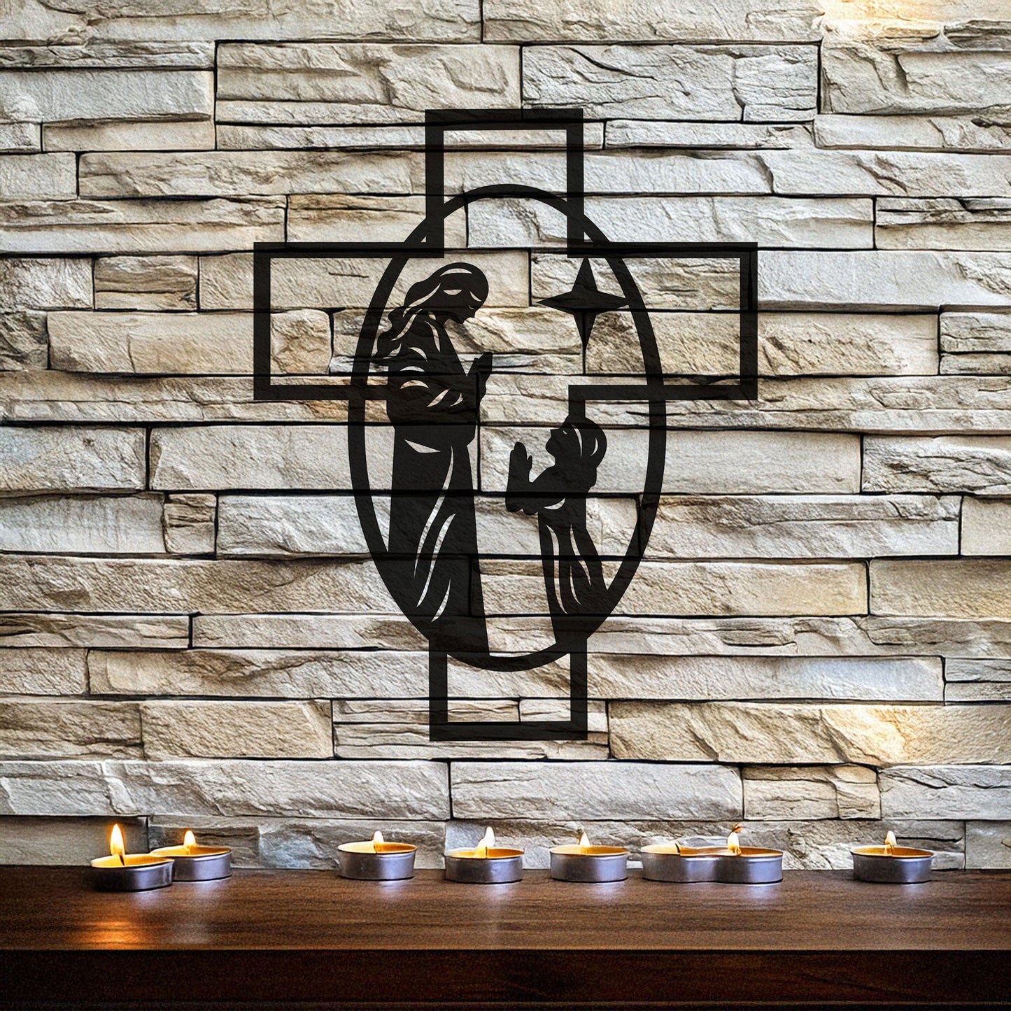 Laser Cut Metal Wall Decor, Maria and Jesus Cross Design, Black Religious Wall Art, Matte Black Faith-Inspired Decor, Spiritual Home Accent