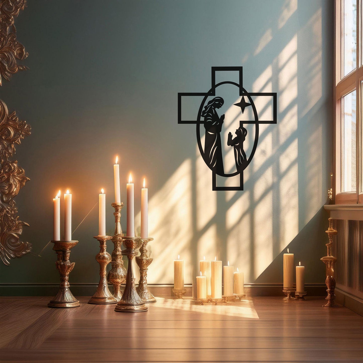Laser Cut Metal Wall Decor, Maria and Jesus Cross Design, Black Religious Wall Art, Matte Black Faith-Inspired Decor, Spiritual Home Accent