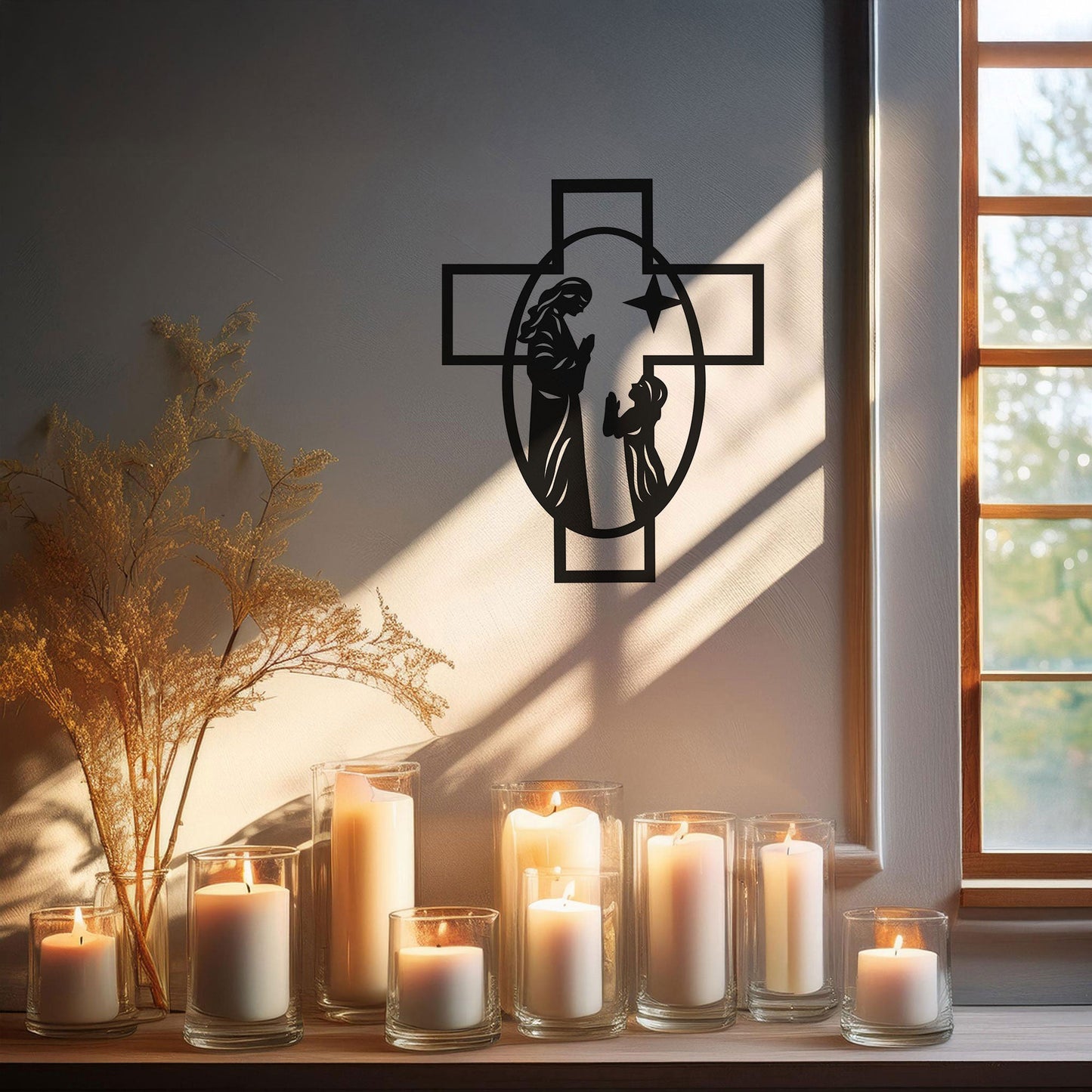 Laser Cut Metal Wall Decor, Maria and Jesus Cross Design, Black Religious Wall Art, Matte Black Faith-Inspired Decor, Spiritual Home Accent