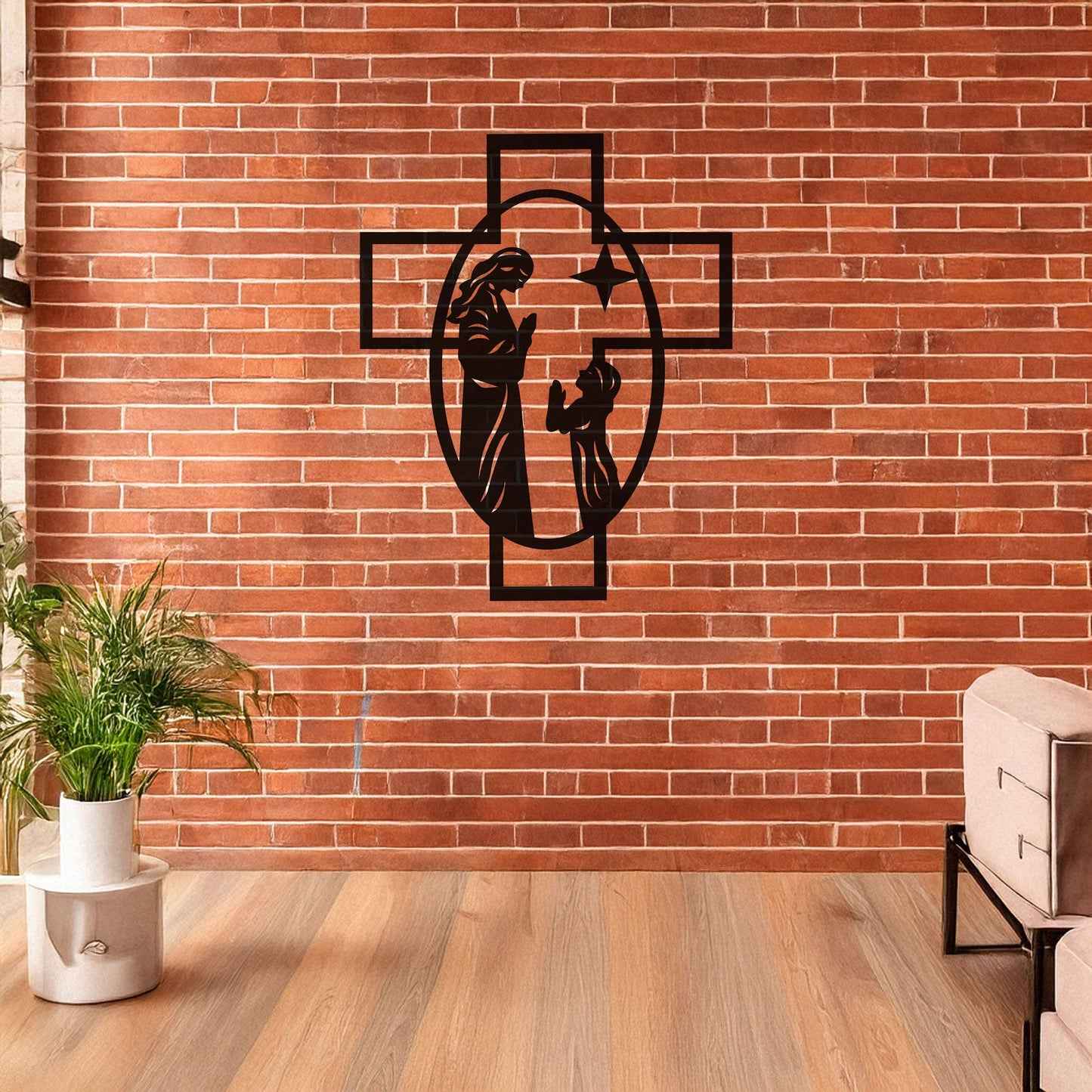 Laser Cut Metal Wall Decor, Maria and Jesus Cross Design, Black Religious Wall Art, Matte Black Faith-Inspired Decor, Spiritual Home Accent
