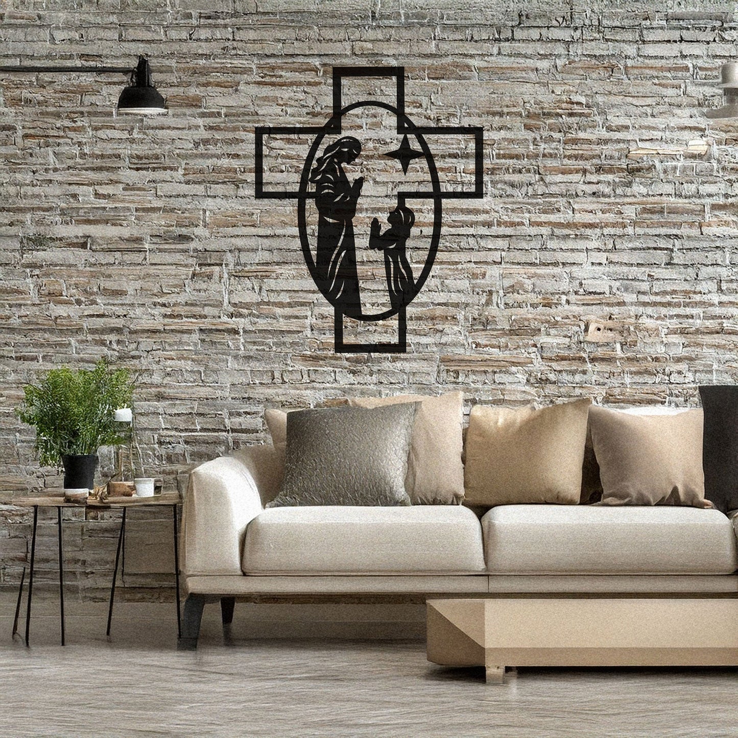 Laser Cut Metal Wall Decor, Maria and Jesus Cross Design, Black Religious Wall Art, Matte Black Faith-Inspired Decor, Spiritual Home Accent