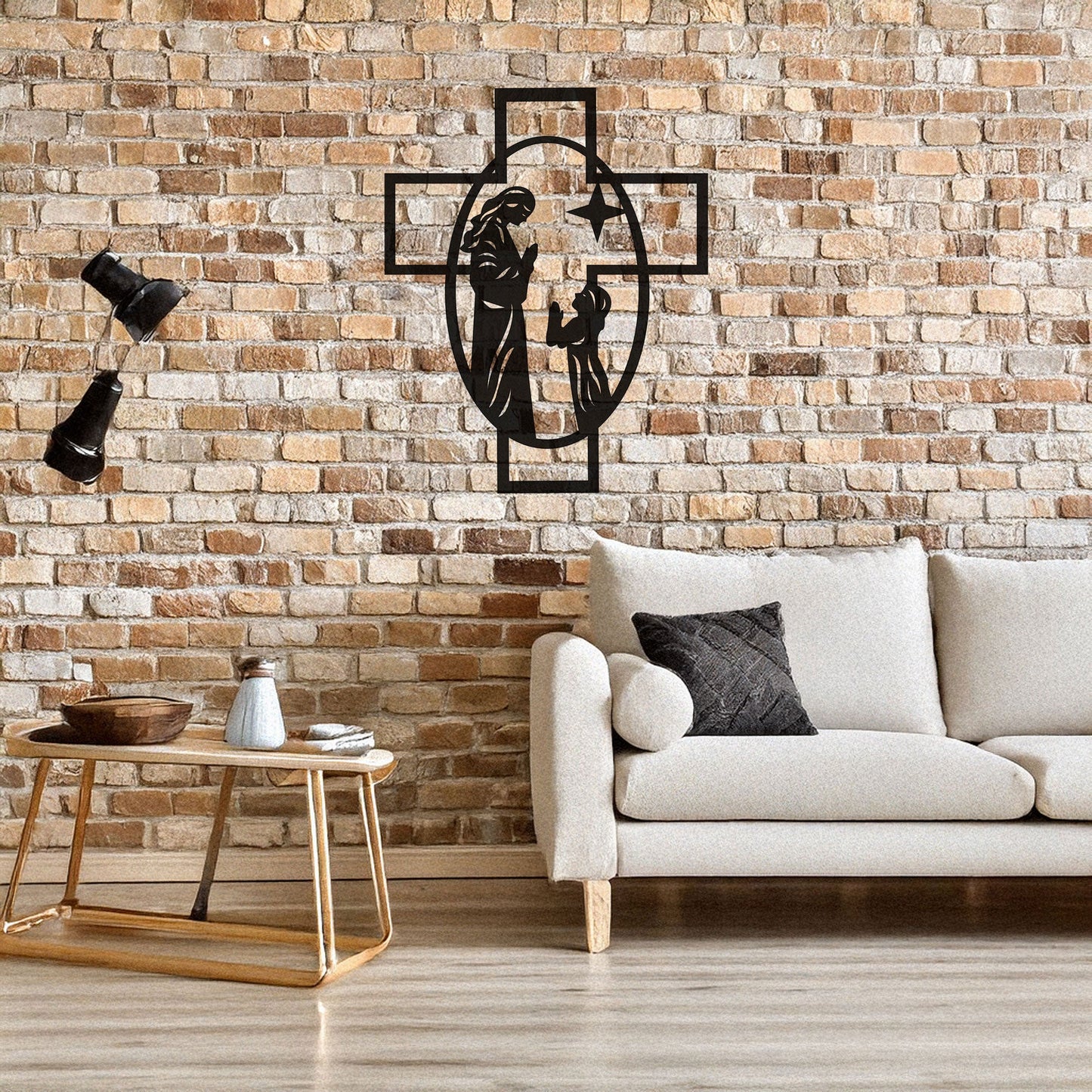 Laser Cut Metal Wall Decor, Maria and Jesus Cross Design, Black Religious Wall Art, Matte Black Faith-Inspired Decor, Spiritual Home Accent