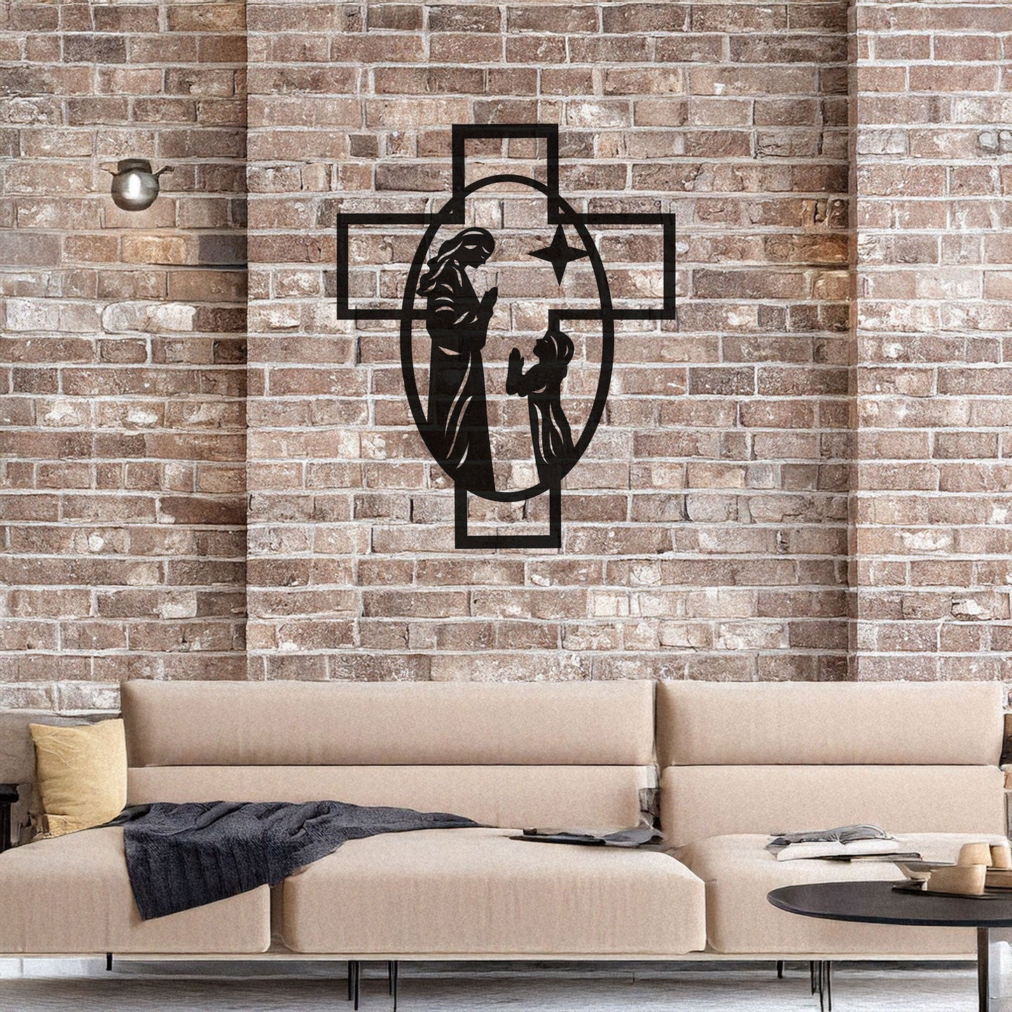 Laser Cut Metal Wall Decor, Maria and Jesus Cross Design, Black Religious Wall Art, Matte Black Faith-Inspired Decor, Spiritual Home Accent