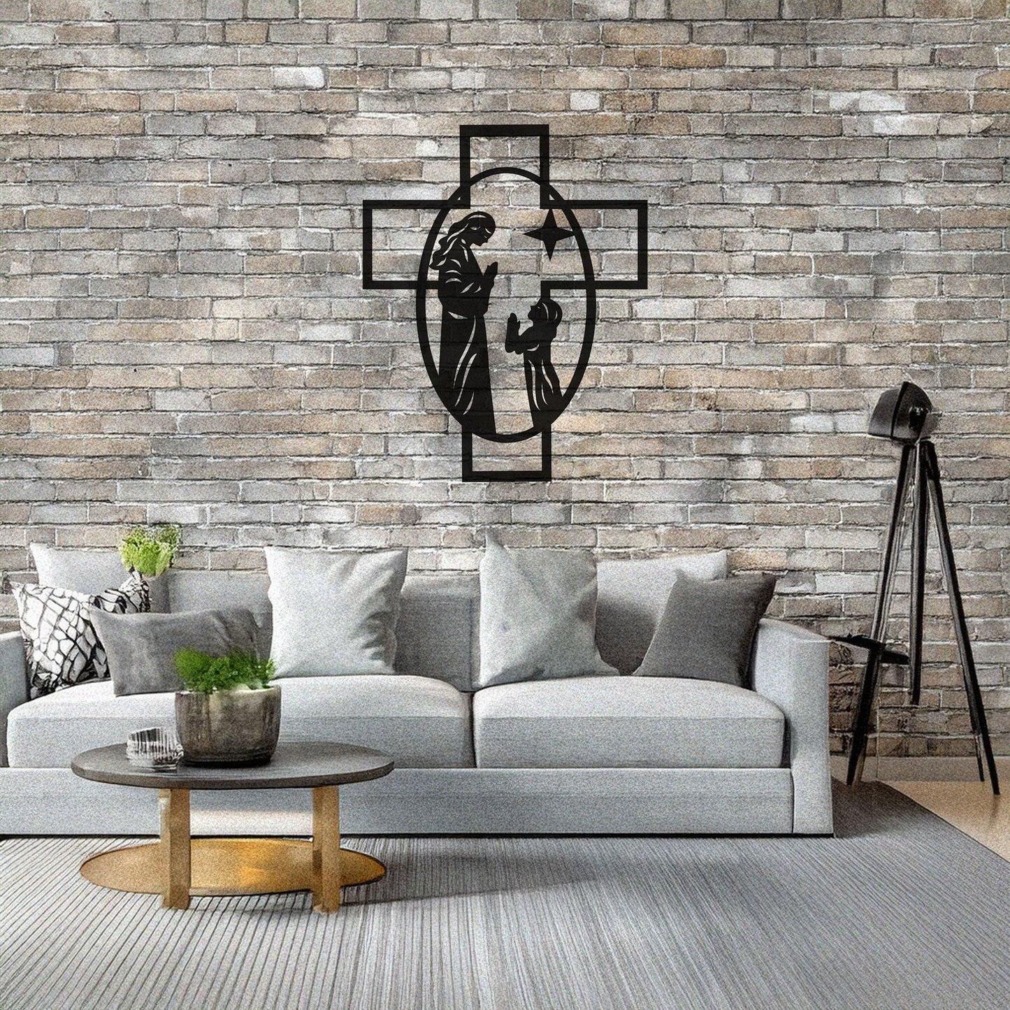 Laser Cut Metal Wall Decor, Maria and Jesus Cross Design, Black Religious Wall Art, Matte Black Faith-Inspired Decor, Spiritual Home Accent