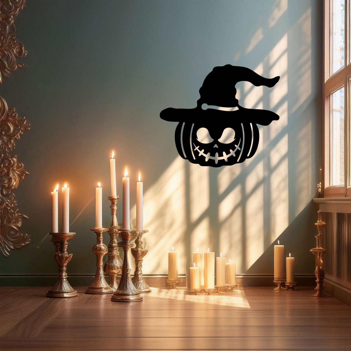 Halloween Pumpkin Metal Wall Decor, Black Laser Cut Pumpkin with Witch Hat, Spooky Halloween Wall Art, 3 Sizes