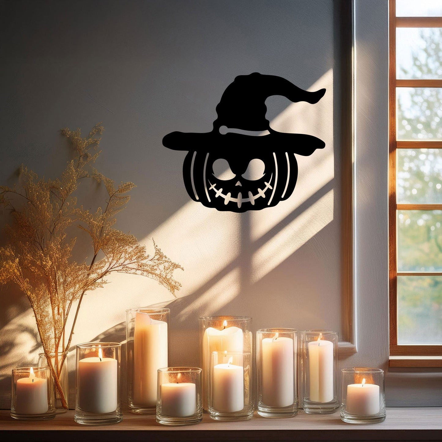 Halloween Pumpkin Metal Wall Decor, Black Laser Cut Pumpkin with Witch Hat, Spooky Halloween Wall Art, 3 Sizes