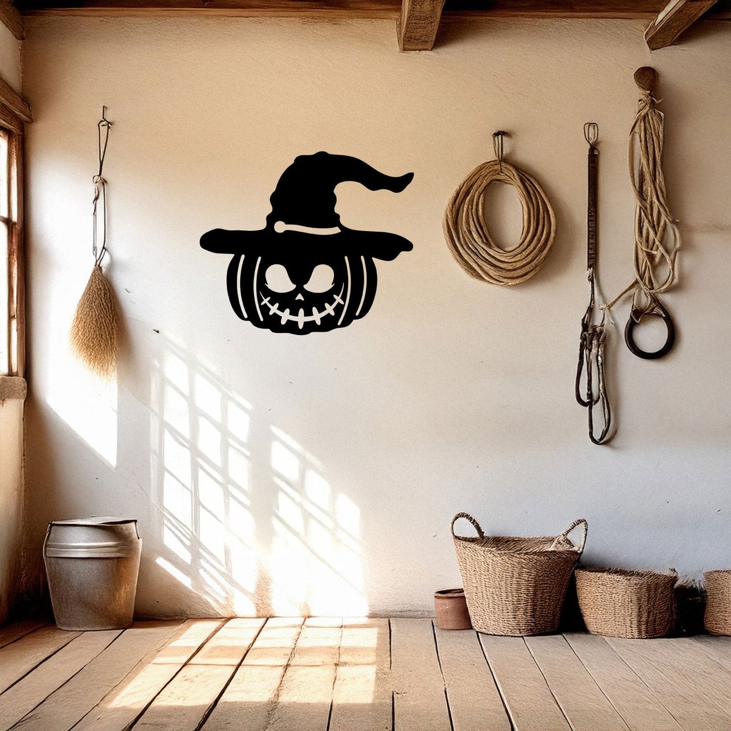 Halloween Pumpkin Metal Wall Decor, Black Laser Cut Pumpkin with Witch Hat, Spooky Halloween Wall Art, 3 Sizes