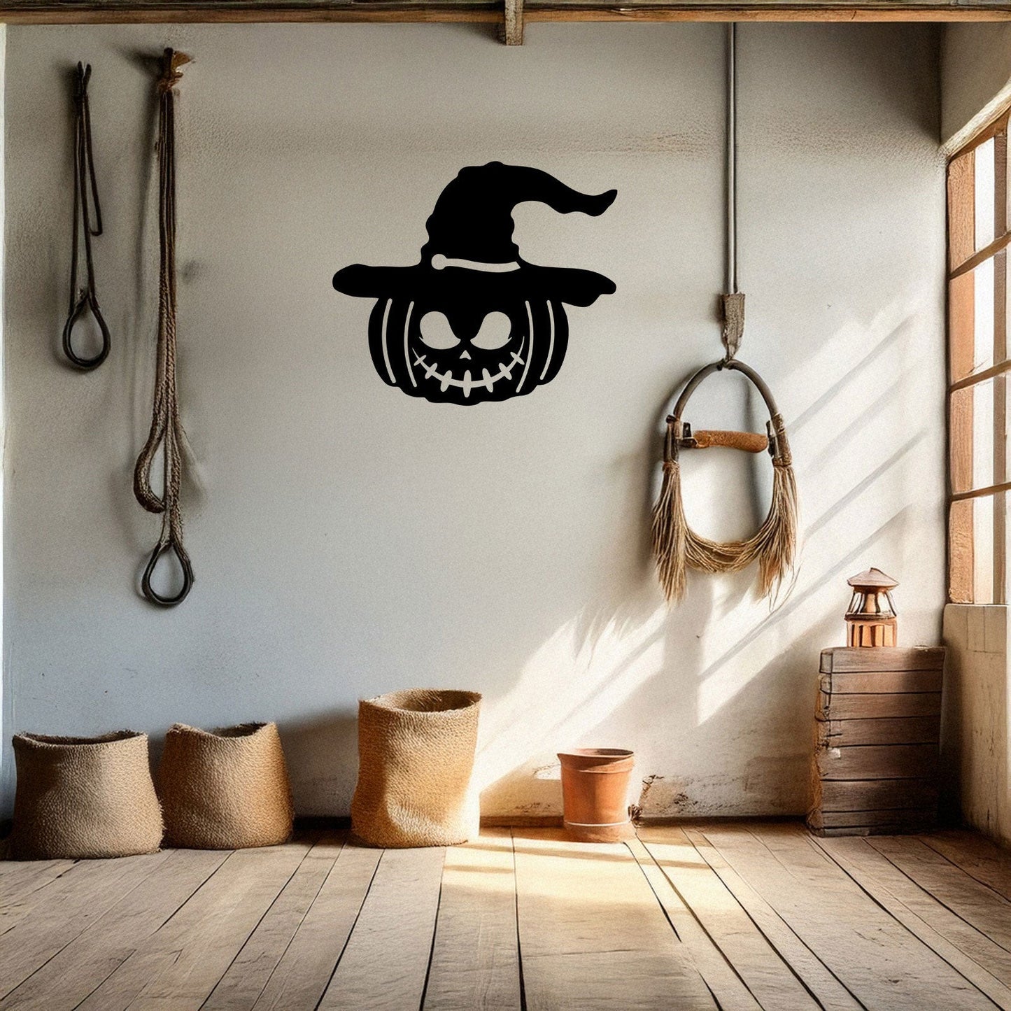 Halloween Pumpkin Metal Wall Decor, Black Laser Cut Pumpkin with Witch Hat, Spooky Halloween Wall Art, 3 Sizes