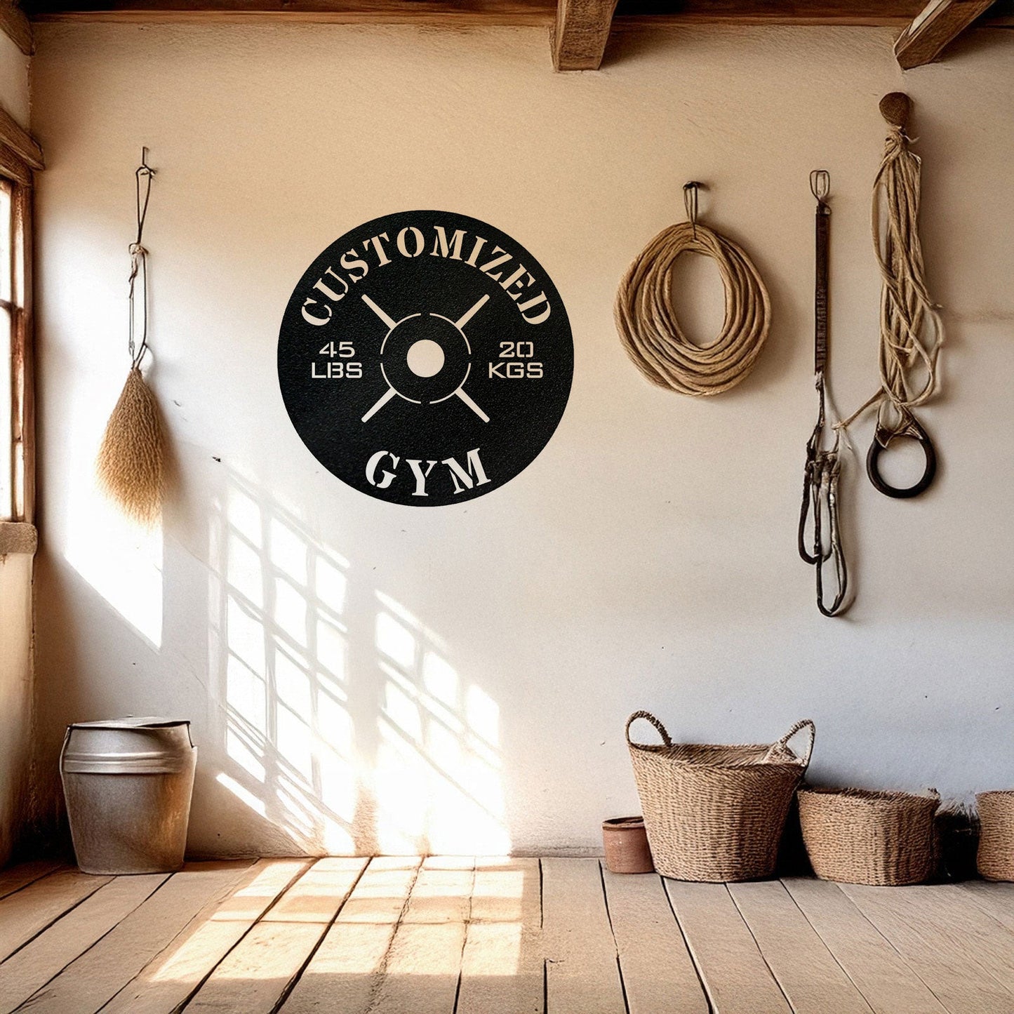 Gym Weight Plate Metal Wall Art - Personalized Laser Cut Black Metal Decor, Fitness Room Sign, Gym Enthusiast Gift, Available in 3 Sizes
