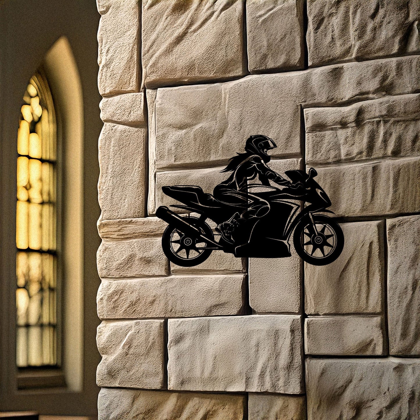 Moto Girl Silhouette Laser Cut Metal Wall Art - Black Modern Motorcycle Decor - 3 Sizes for Stylish Home or Gift