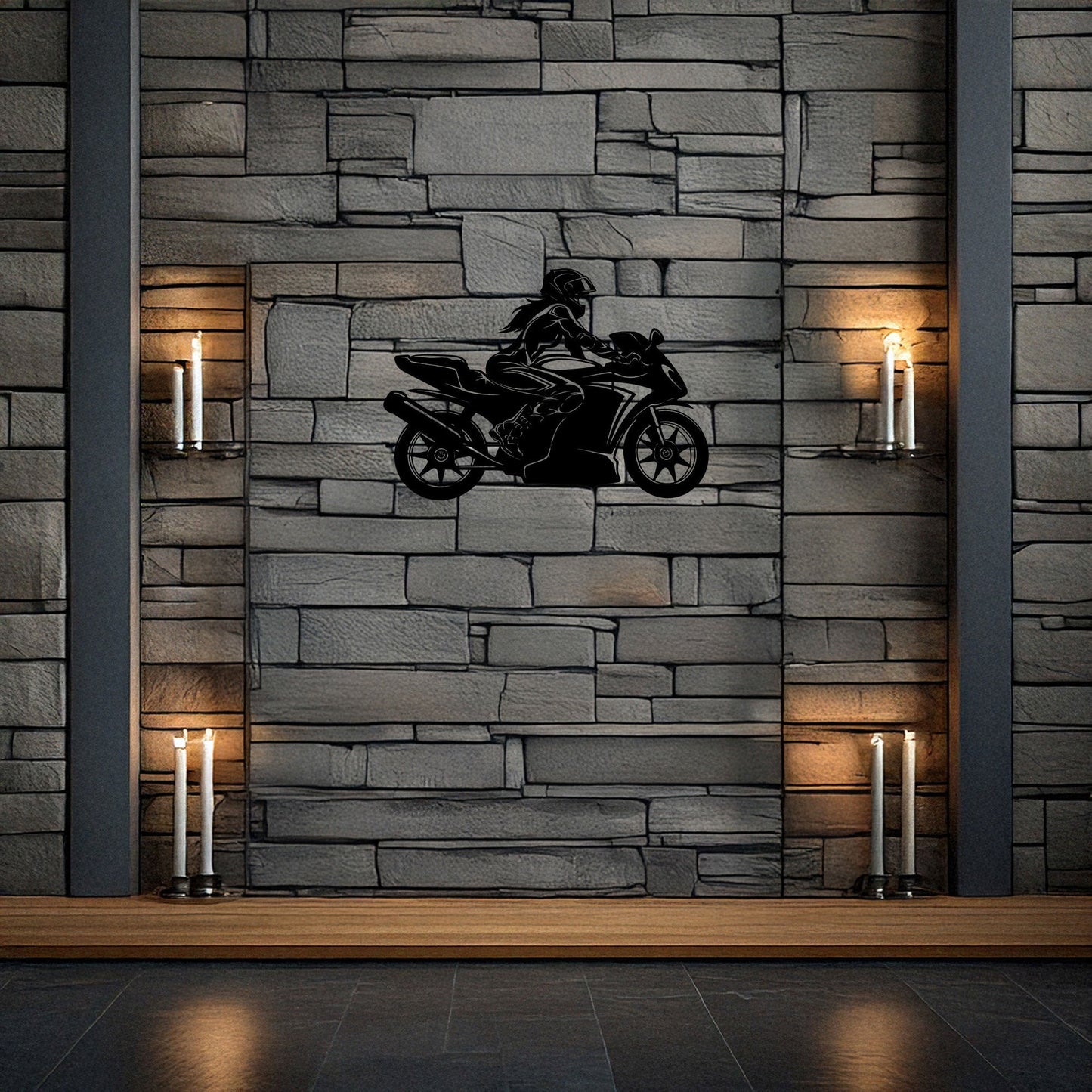 Moto Girl Silhouette Laser Cut Metal Wall Art - Black Modern Motorcycle Decor - 3 Sizes for Stylish Home or Gift