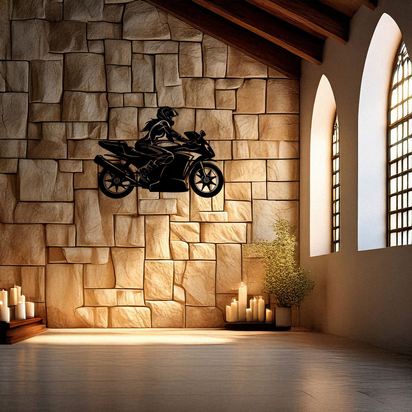 Moto Girl Silhouette Laser Cut Metal Wall Art - Black Modern Motorcycle Decor - 3 Sizes for Stylish Home or Gift