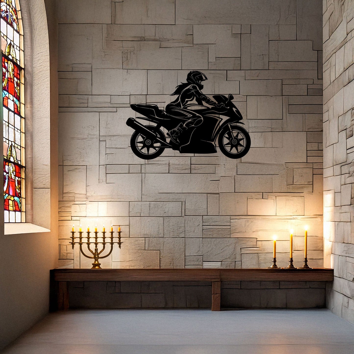 Moto Girl Silhouette Laser Cut Metal Wall Art - Black Modern Motorcycle Decor - 3 Sizes for Stylish Home or Gift